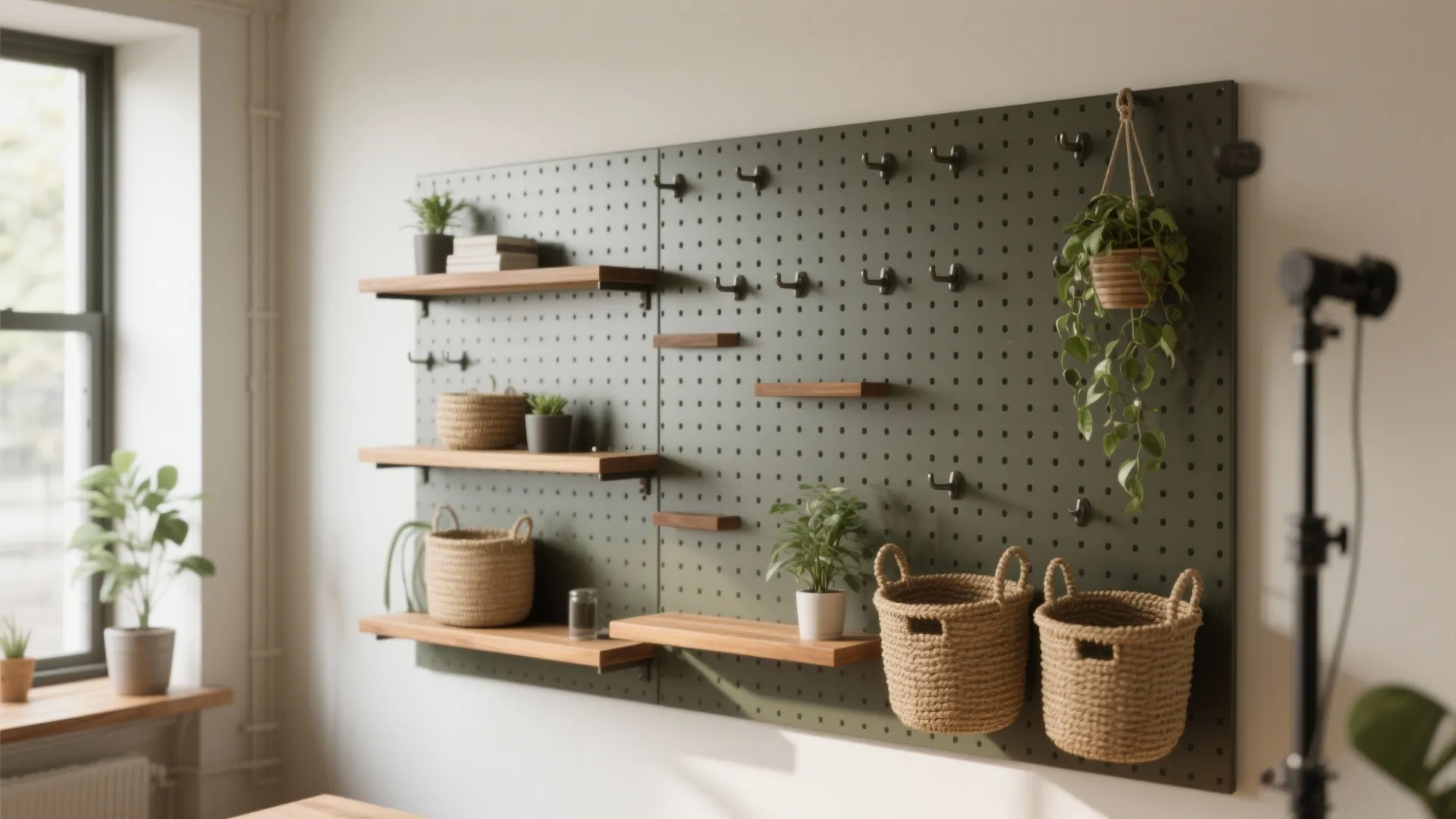 Dark green pegboard wall organizer with wooden shelves small potted plants and hanging woven storage baskets