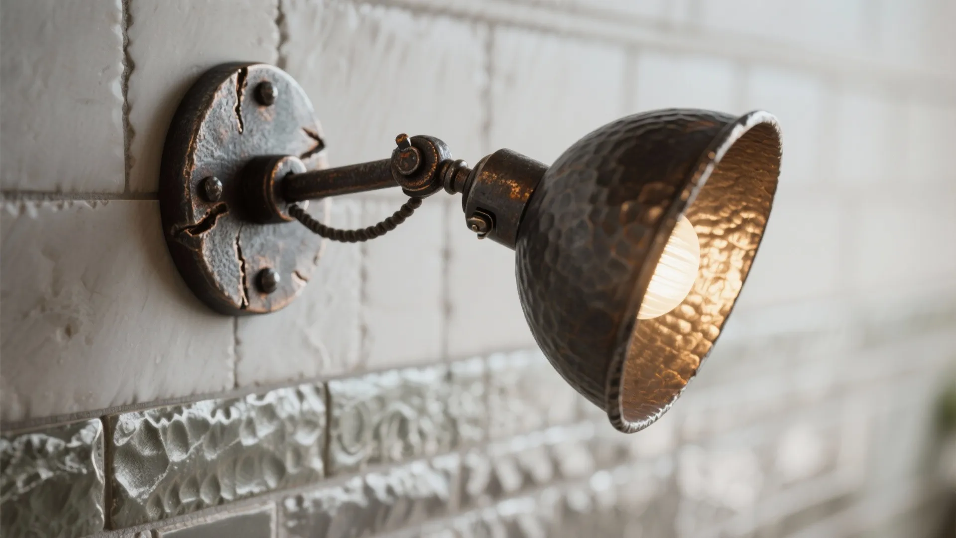 Industrial metal wall light with a textured shade mounted on a white tiled kitchen wall