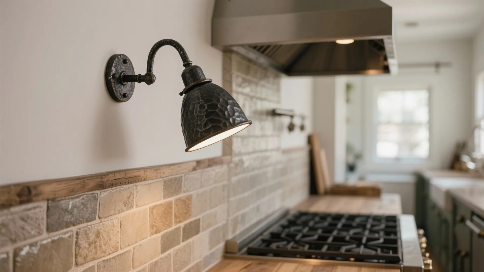 Black metal wall light fixed above a kitchen stove with light brown stone backsplash wall tiles