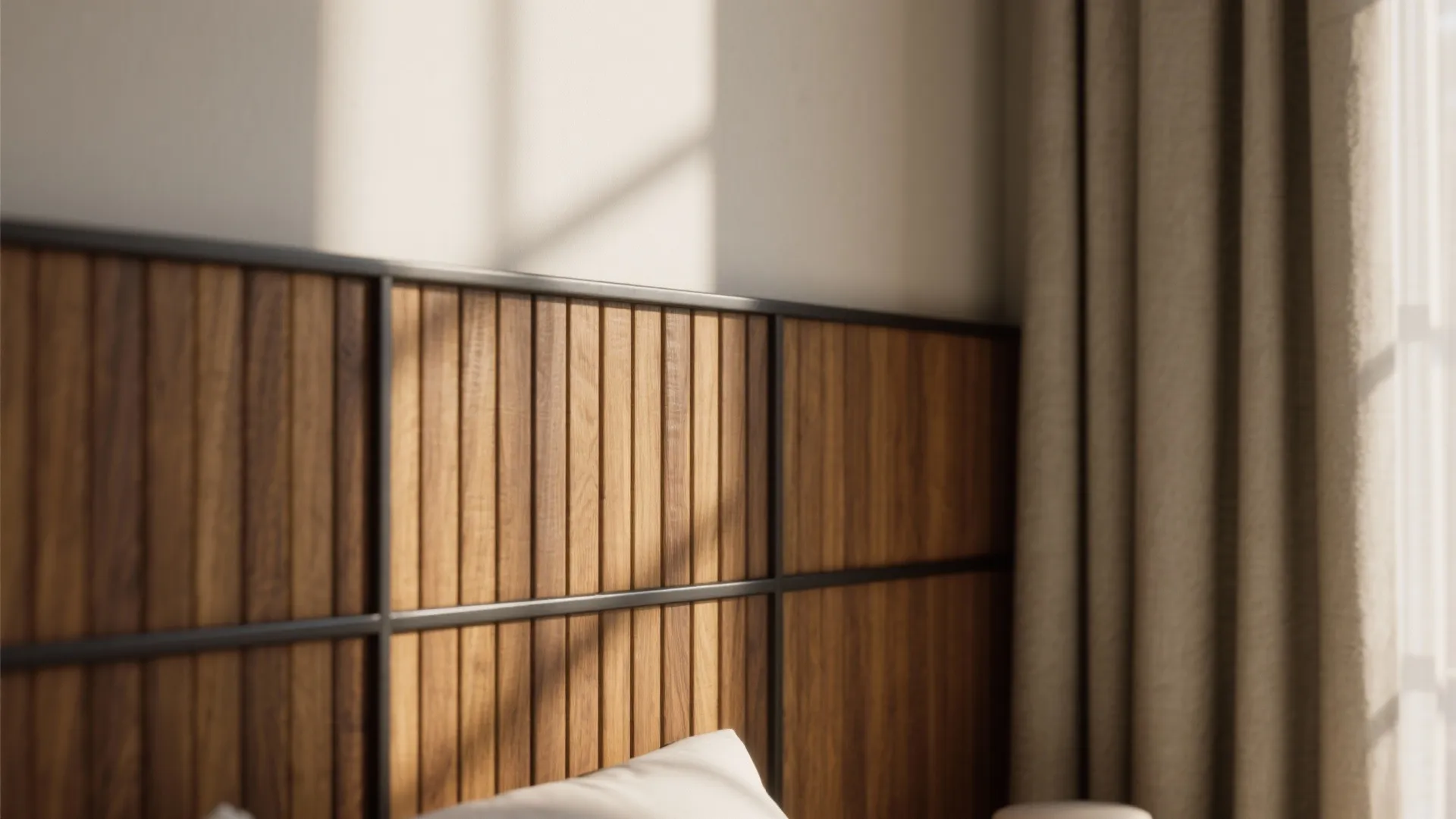 Wood wall panel with black metal frame next to beige window curtain and a pillow