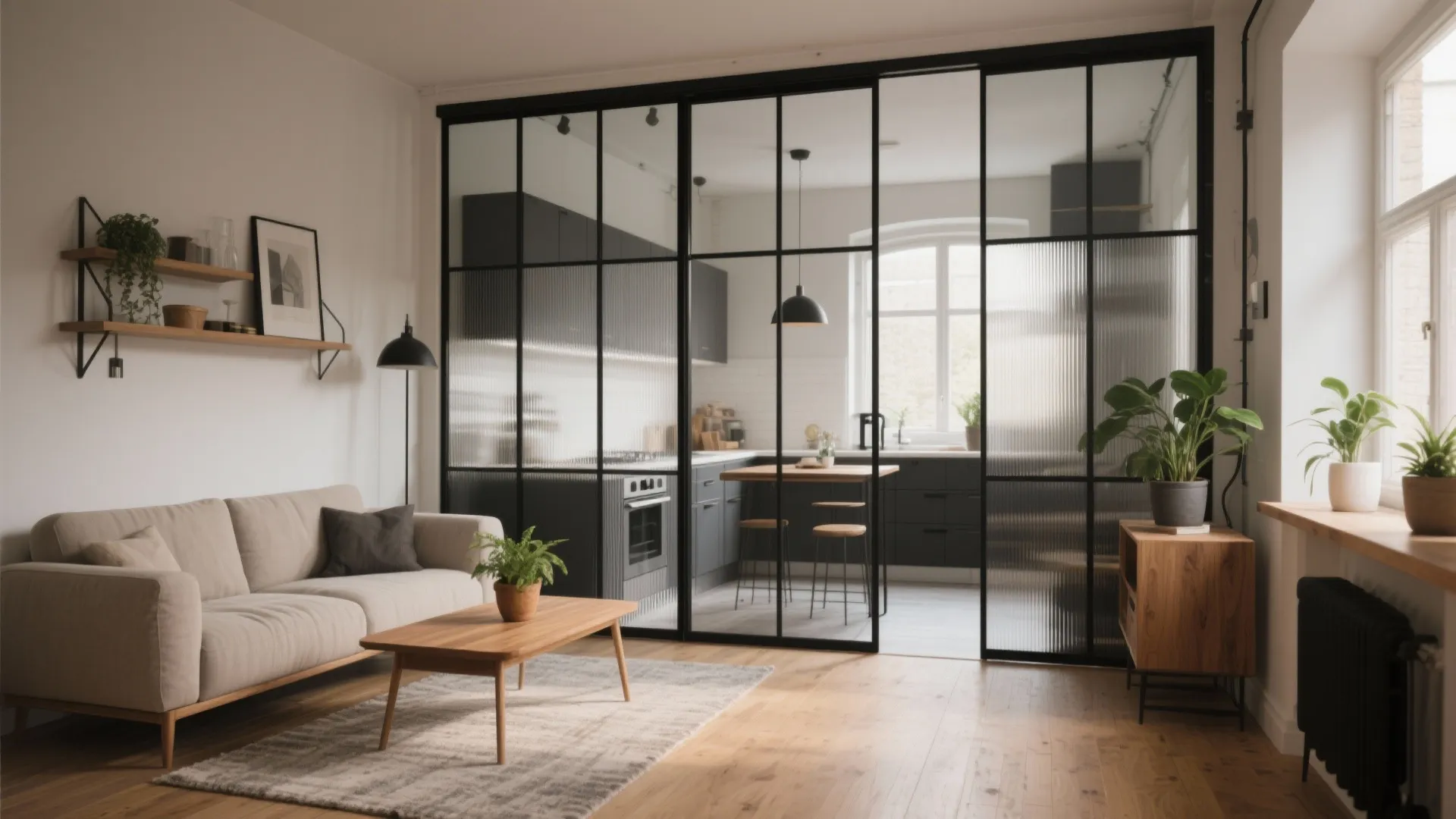 Living room and kitchen separated by a black metal frame glass sliding door with green plants