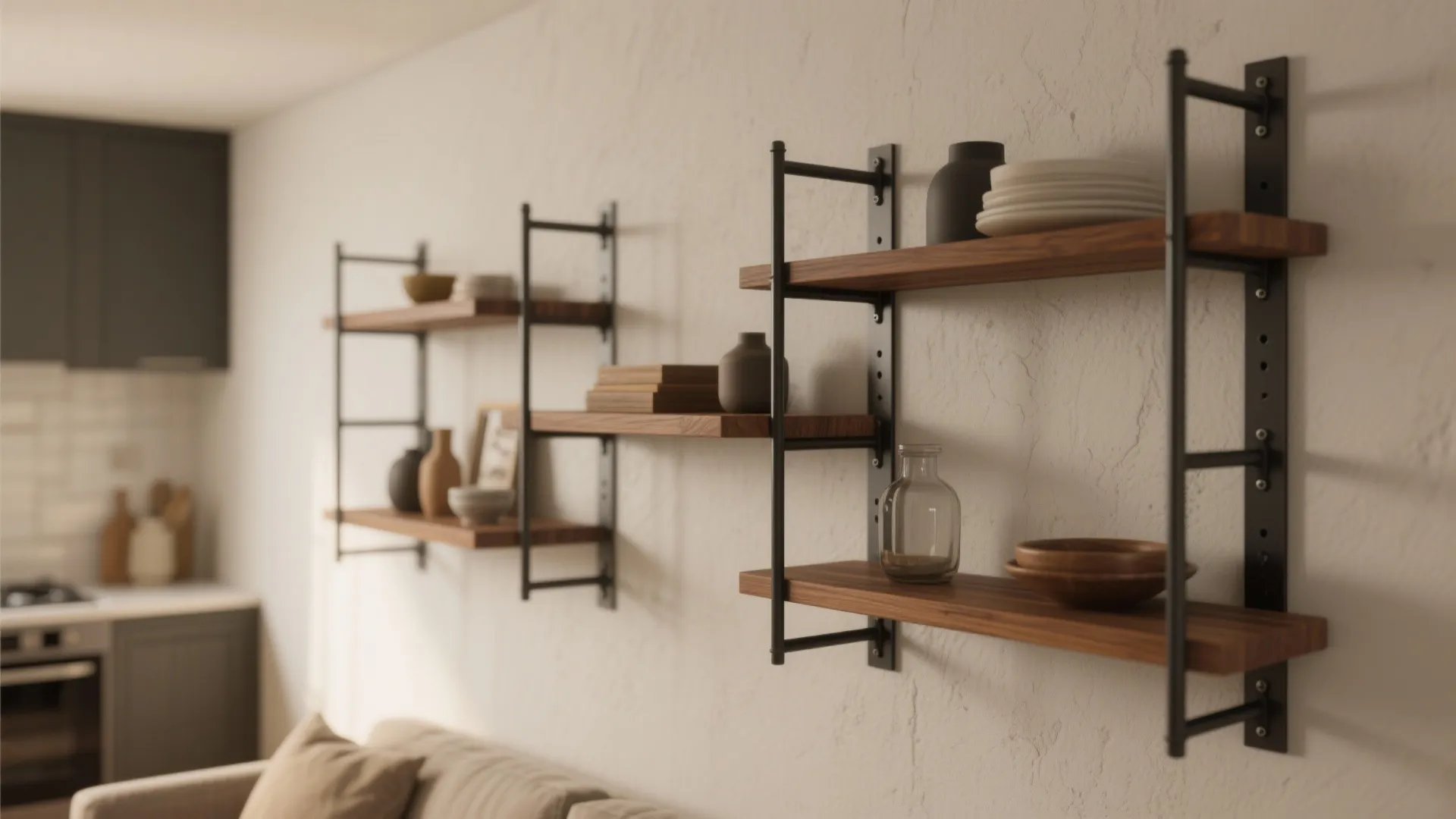 Wall-Mounted Iron Shelving Systems with Wood Accents