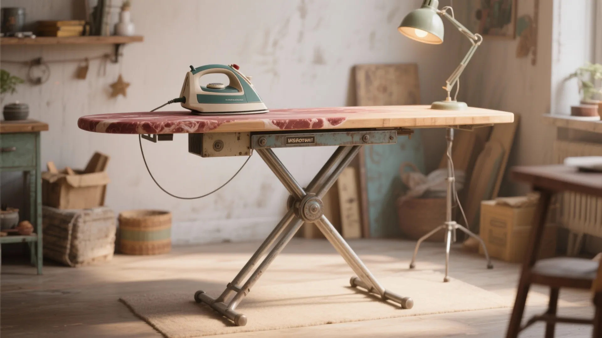 Metal ironing board with an iron placed on top inside a bright room with desk lamp