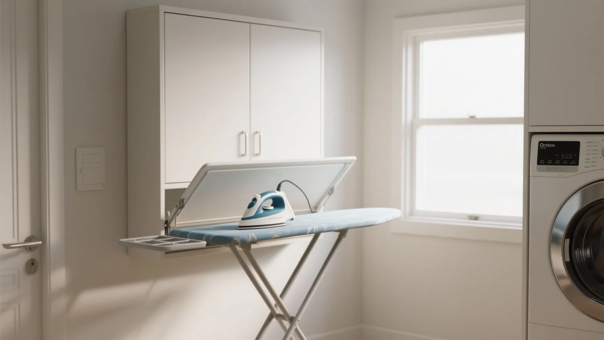 Foldable ironing board with blue iron in laundry room next to window and white cabinet