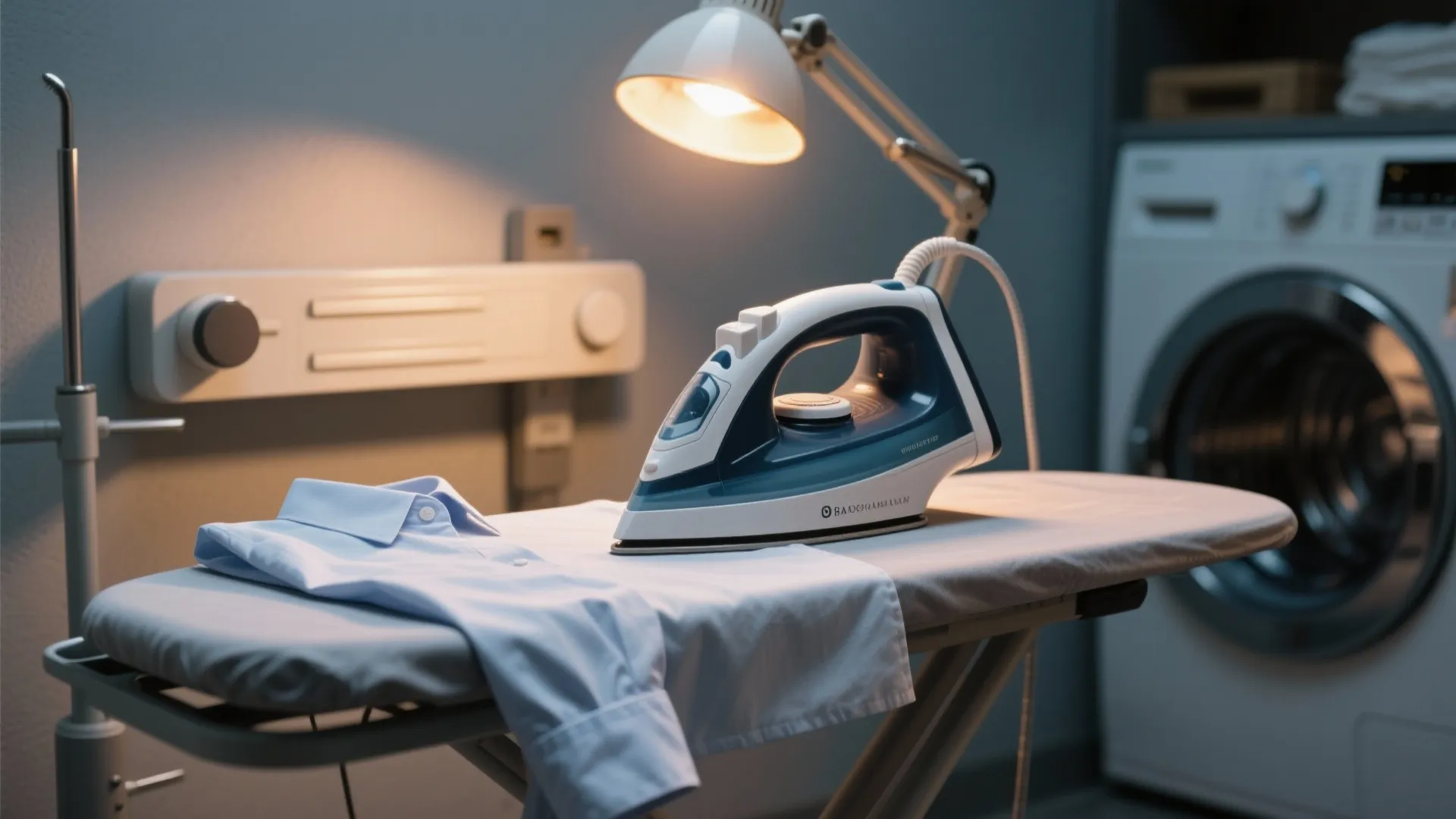 Iron on ironing board with blue shirt under desk light and washing machine in background