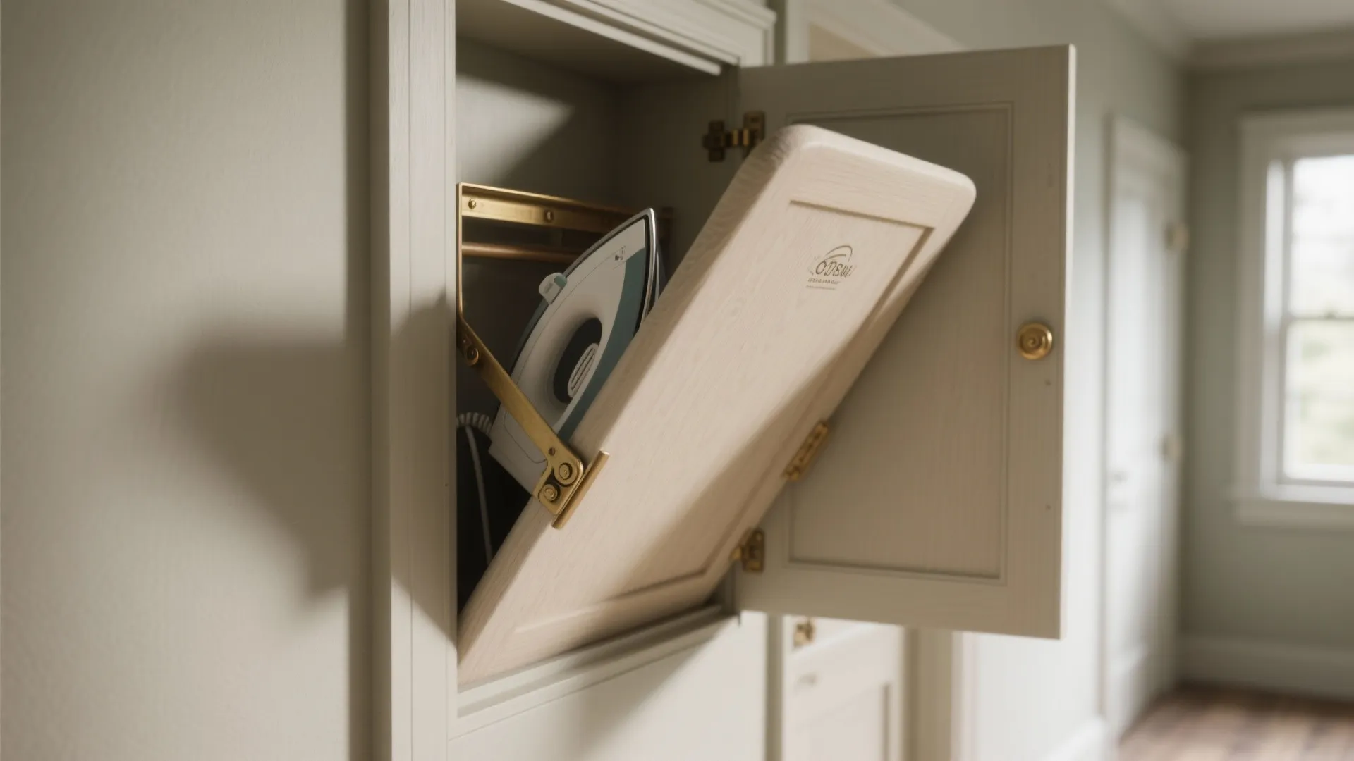 Built in wall cabinet opening to reveal a fold down ironing board and steam iron
