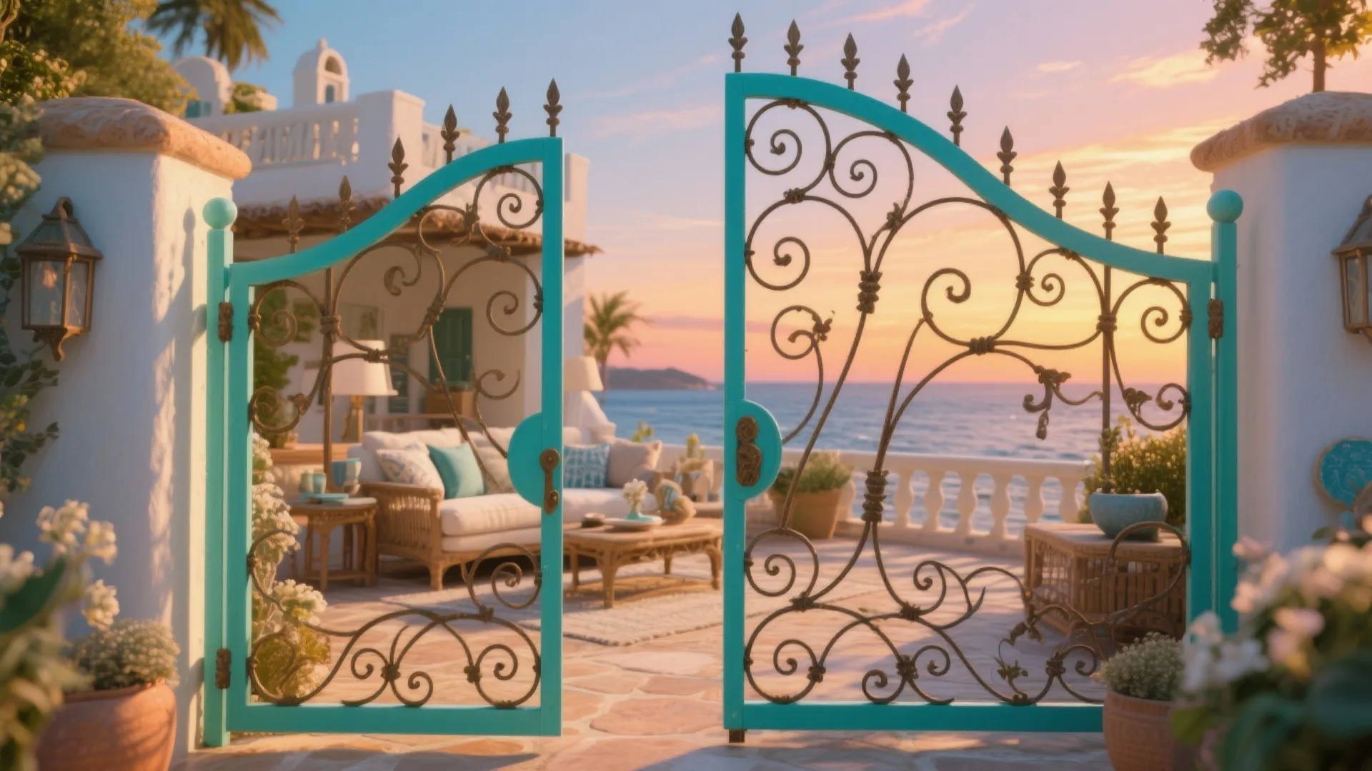 Bright turquoise iron gate opening to a patio with outdoor sofa and beautiful blue sea view
