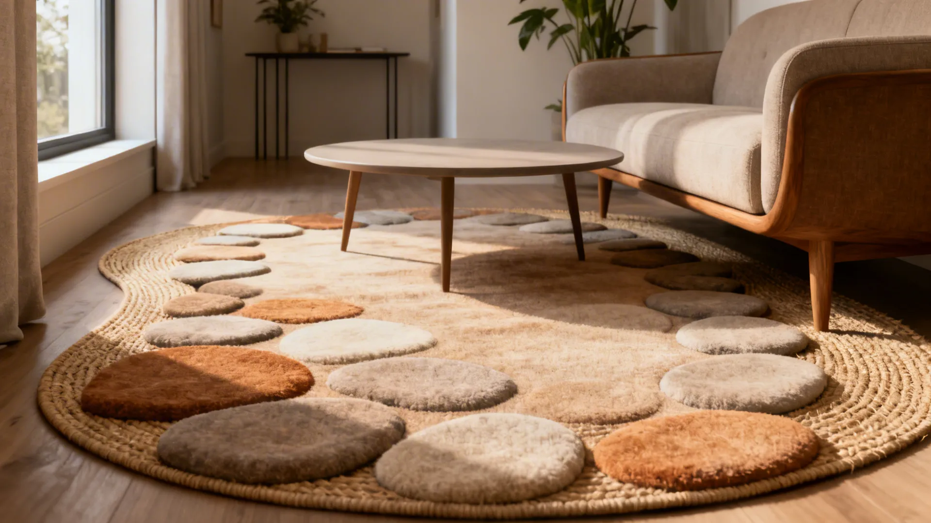 Large irregular rug with round pebble patterns under a wooden coffee table in bright room