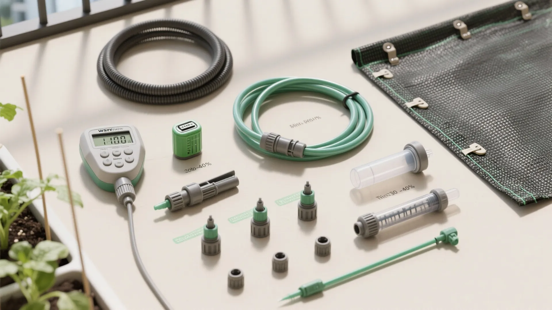 Flat lay of balcony drip irrigation components, timer, moisture meter, and shade cloth with clips.