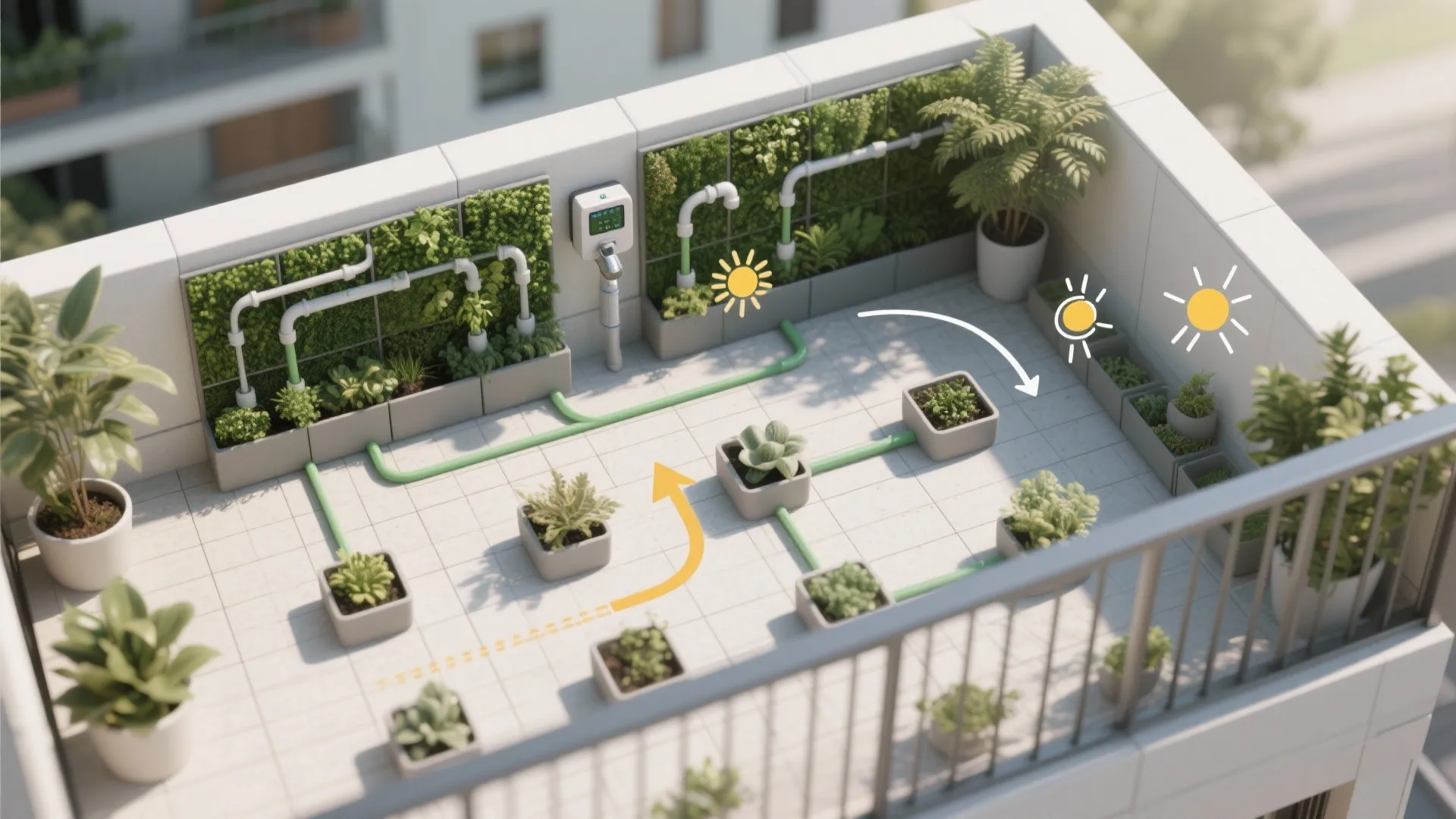 Top view diagram of an automatic watering system for plants on a modern white rooftop balcony
