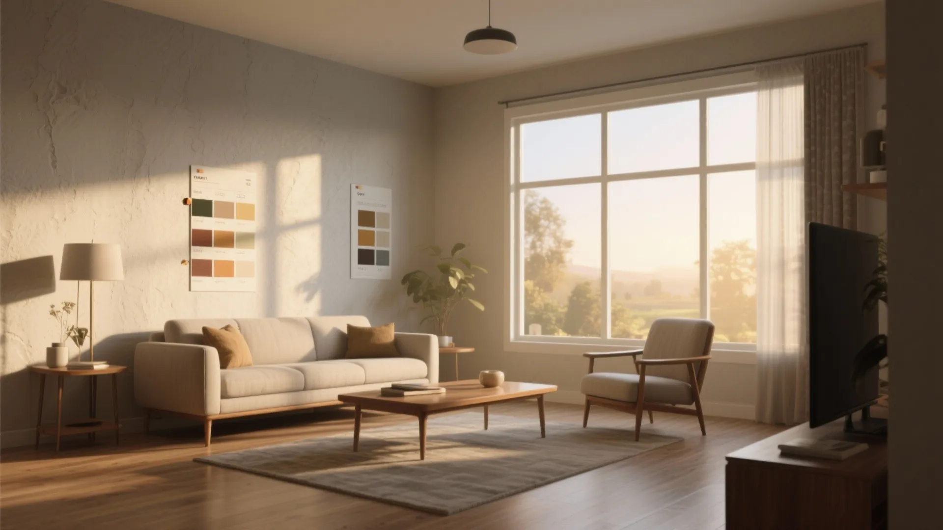 Bright living room interior design with white sofa wooden furniture and natural sunlight from windows
