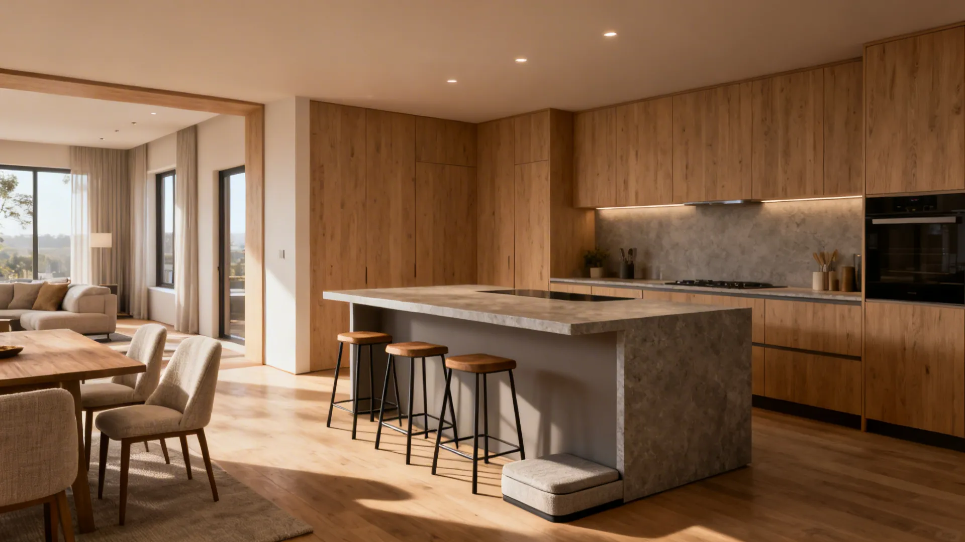 Open-plan kitchen with island showing knee space for seated use and clear circulation around stools.