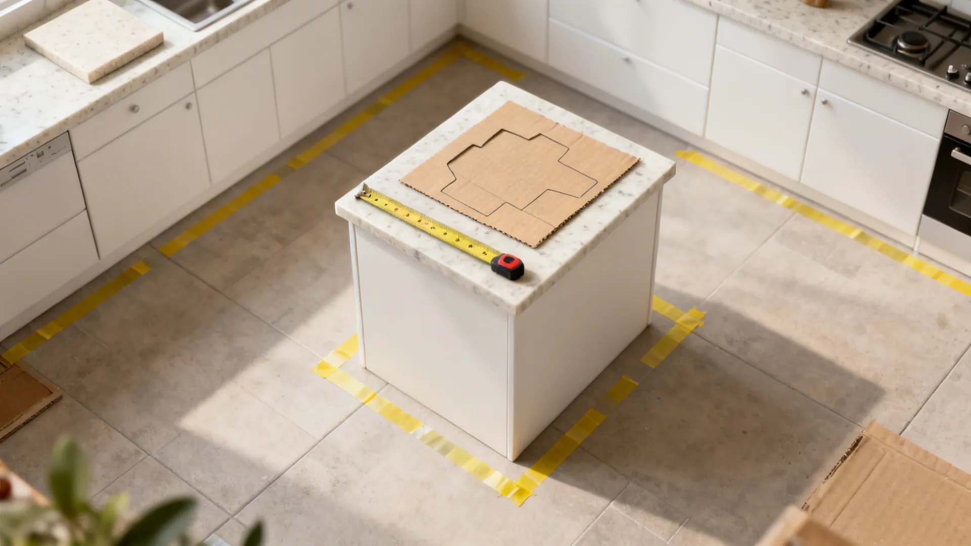 Top-down view of a small kitchen mockup with taped aisles and a slim island template for planning clearances.
