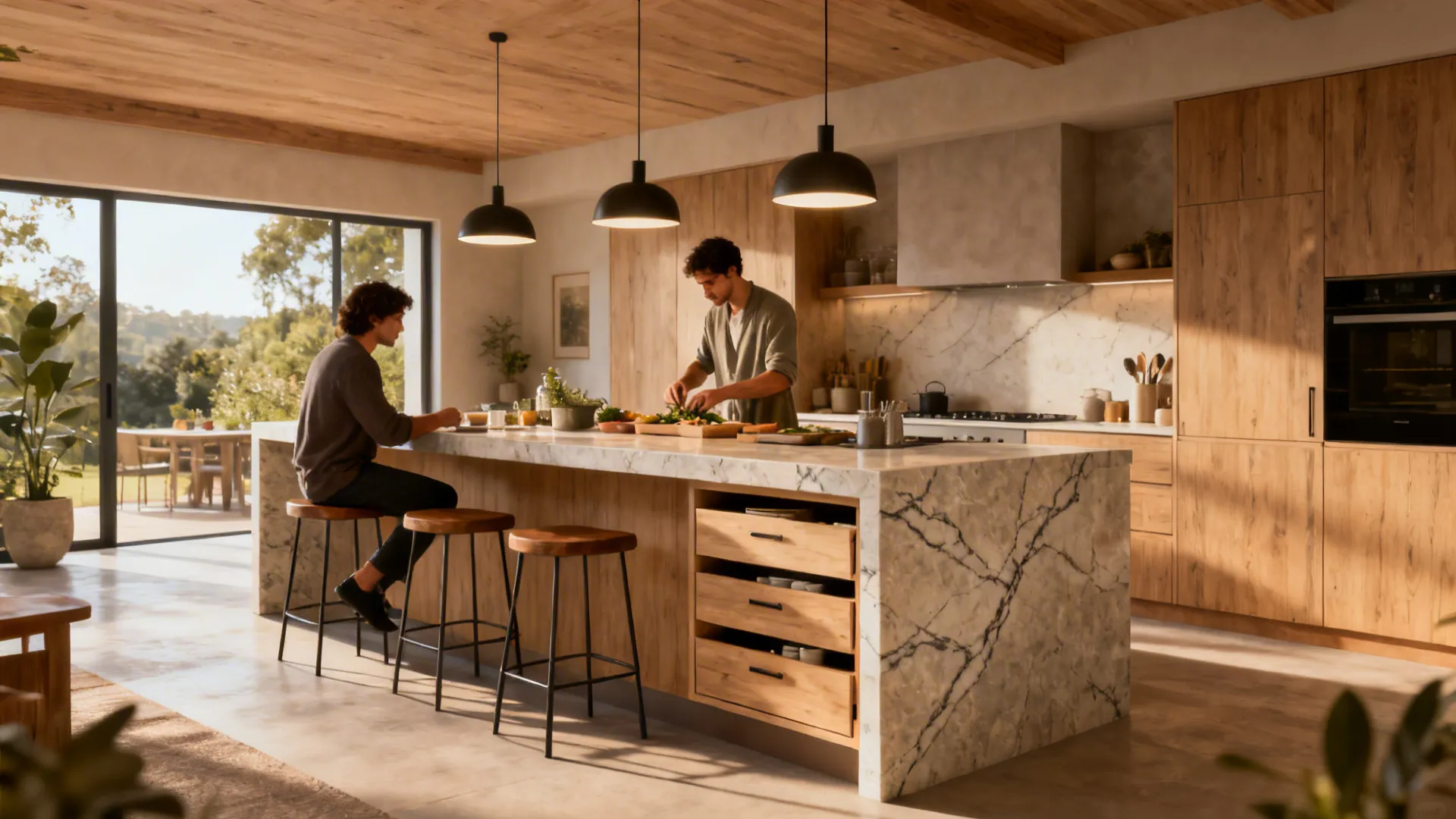 Kitchen island with overhang seating and integrated storage anchoring the open-plan space.