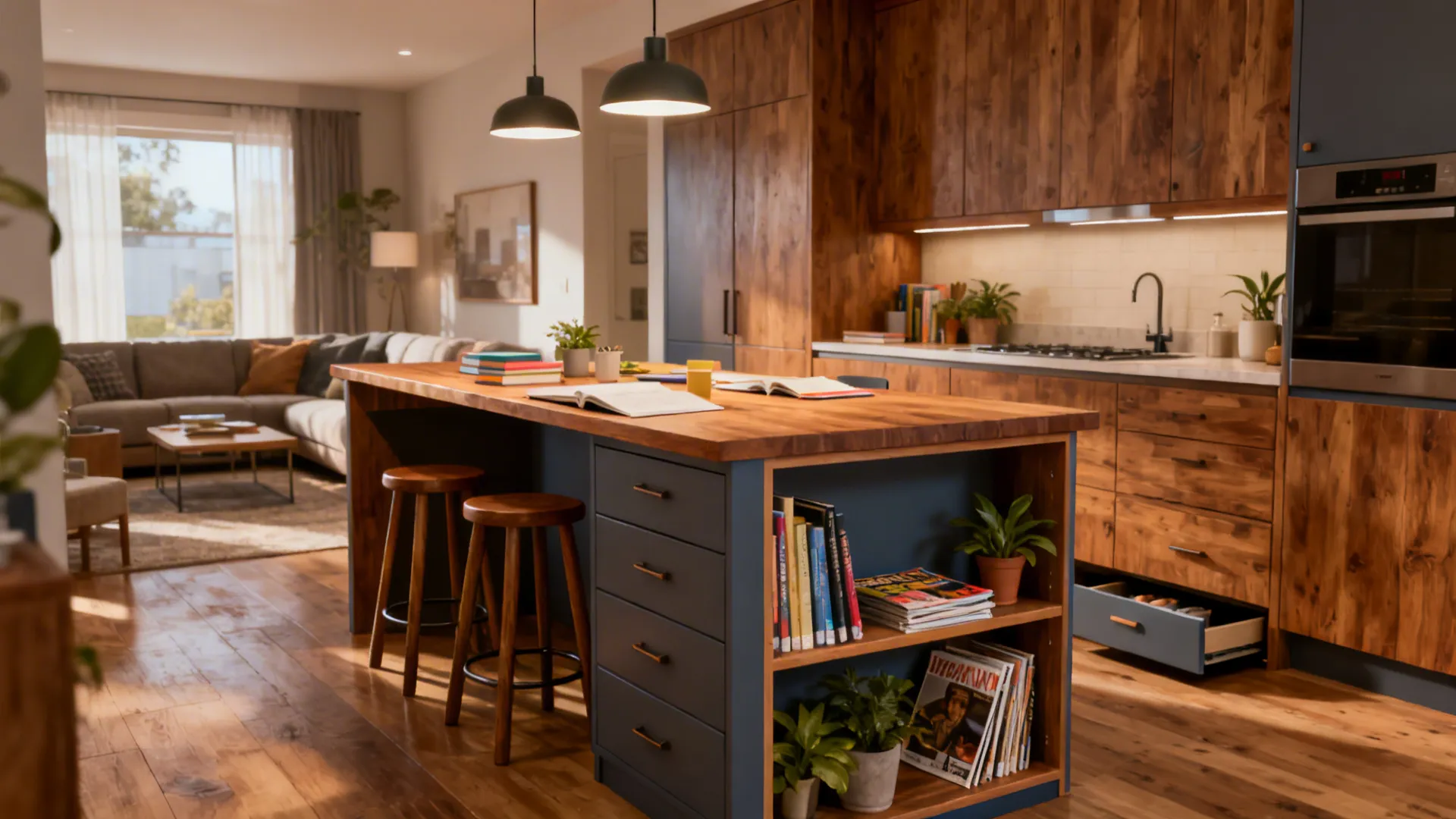 Multifunctional kitchen island doubling as dining table with bookshelf and stools.