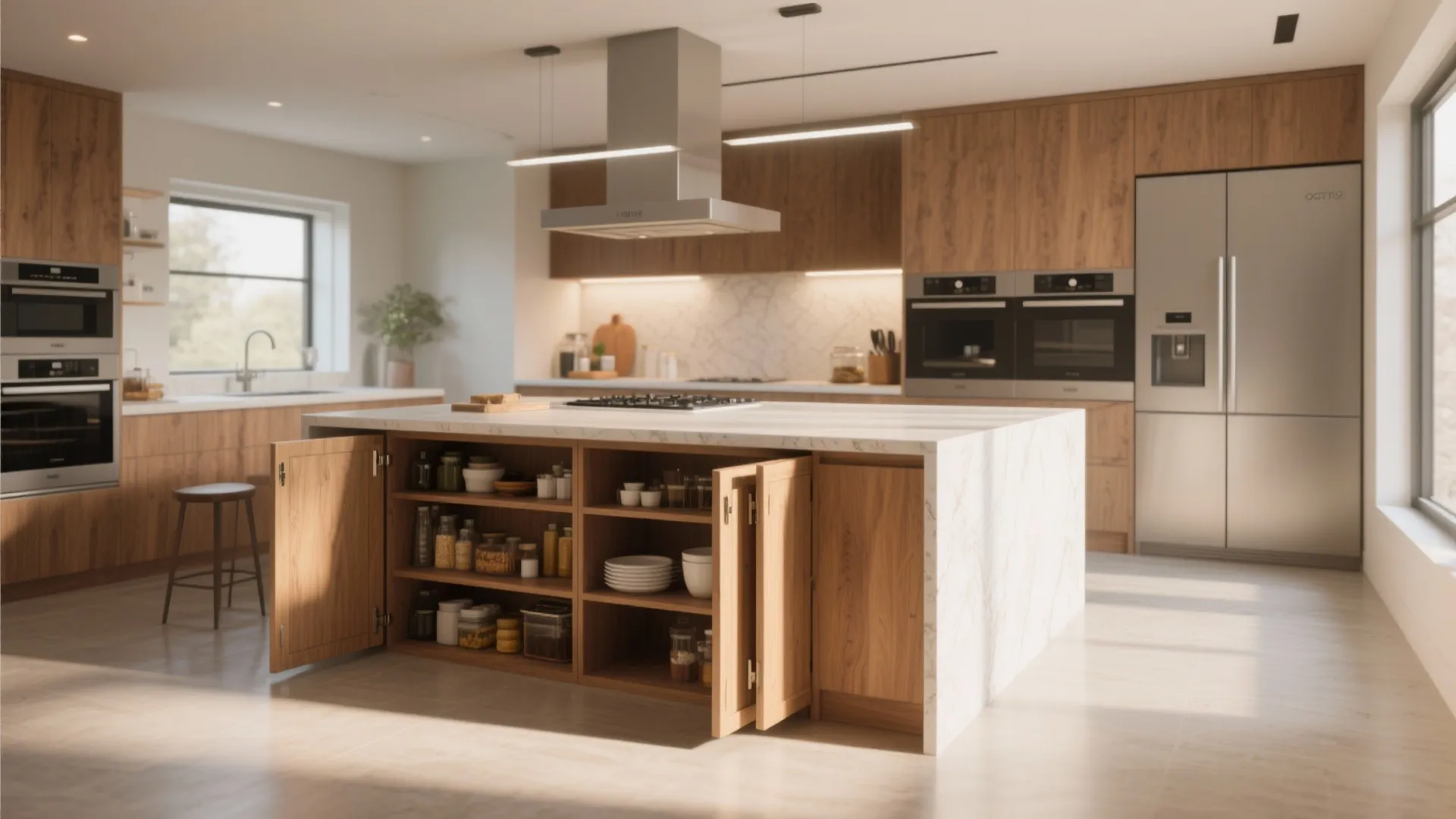 Large kitchen island with open wooden doors showing shelves, marble top, and integrated stainless steel refrigerator