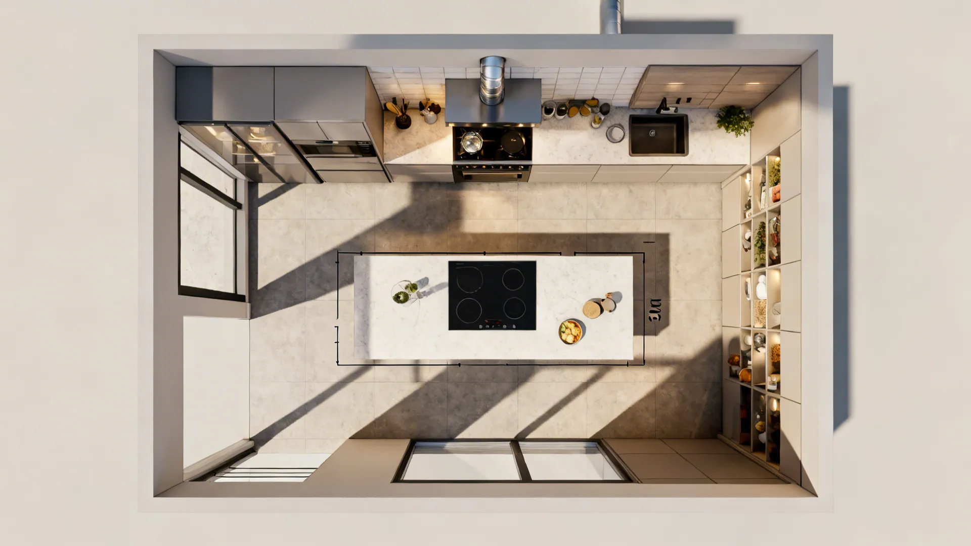 Interior design drawing showing top down view of a kitchen layout with island and stove
