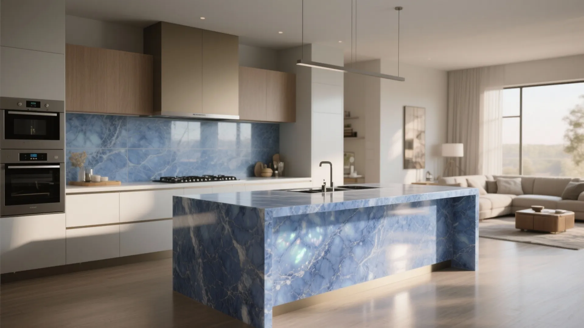 4. Blue pearl island apron and matching backsplash