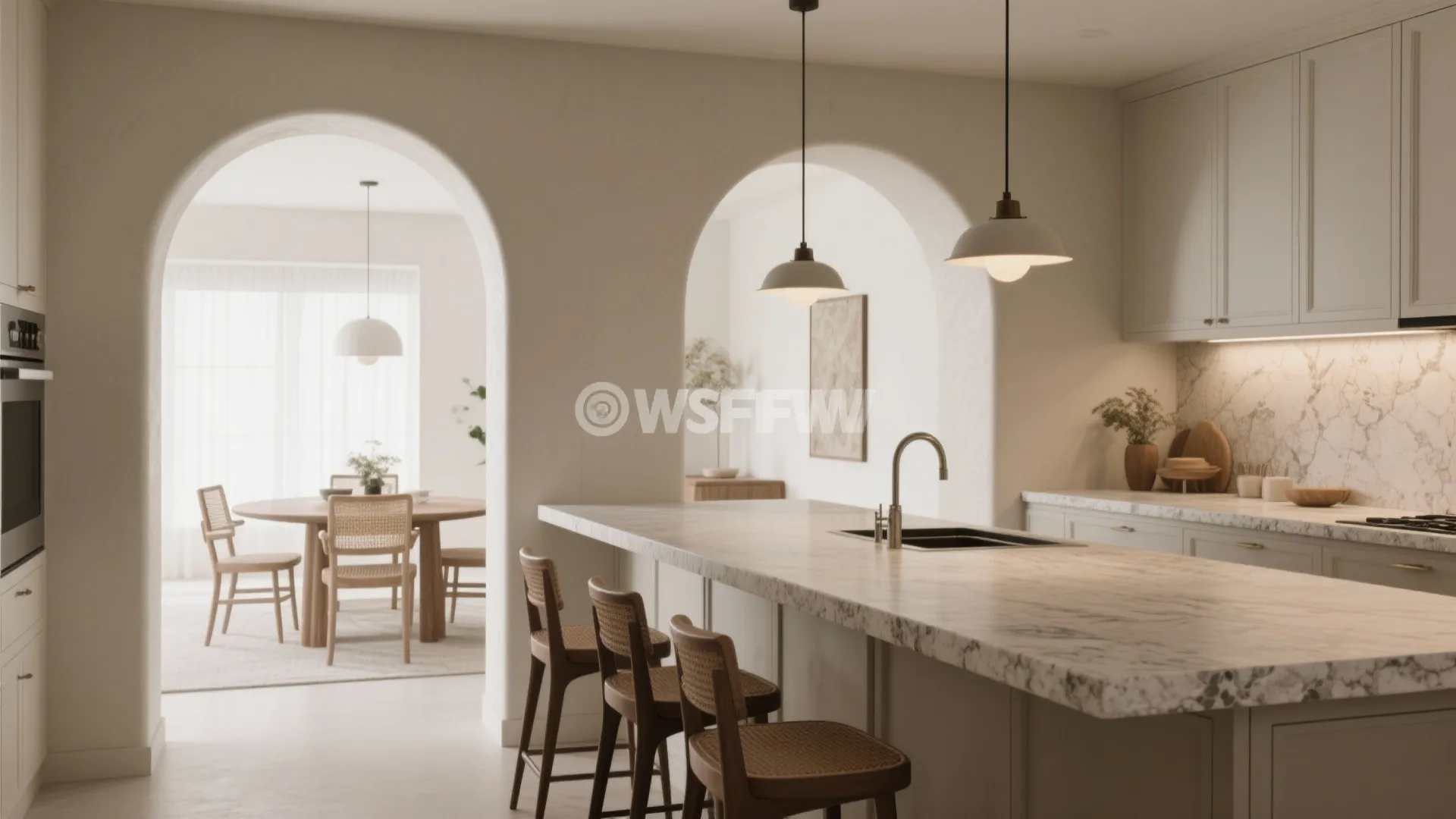 Island-Plus-Arch: A Soft Portal Between Kitchen and Dining