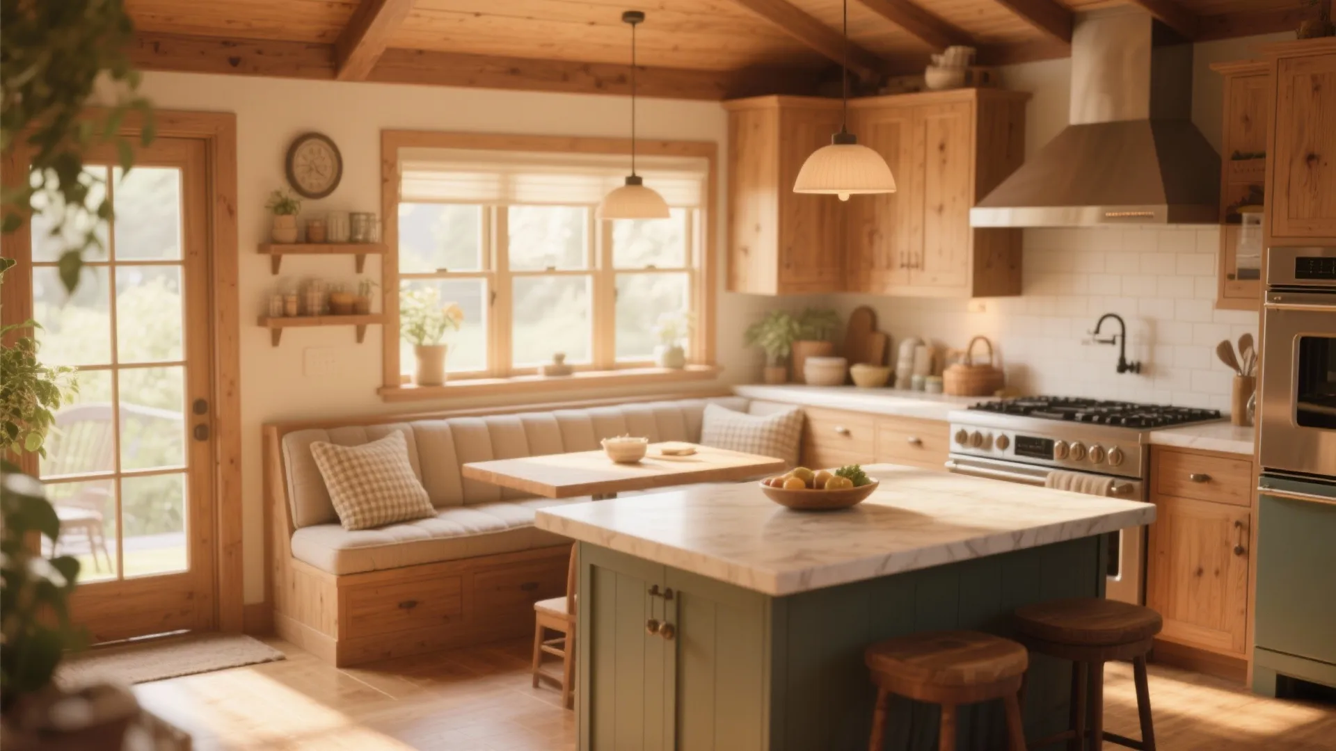 Cozy rustic kitchen with wood cabinets green island marble top built-in bench seating and sunlight