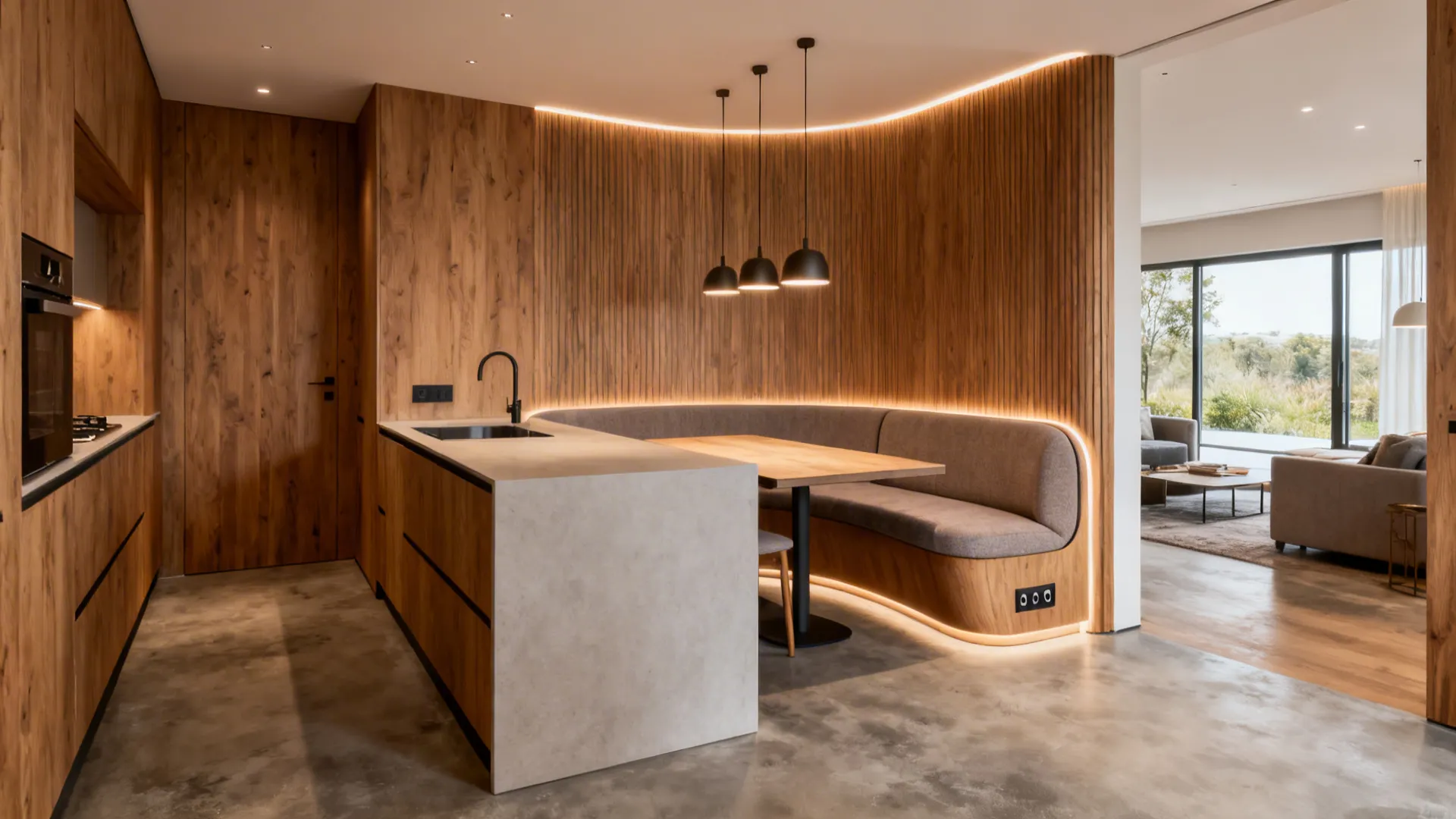 Modern kitchen with wood wall panel curved sofa black light fixture and grey stone floor