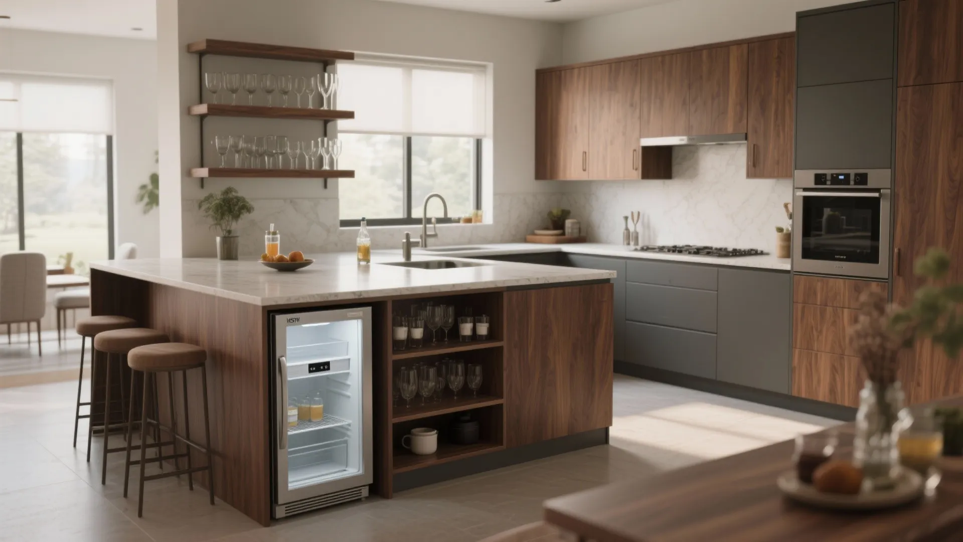 Modern kitchen island with built in small fridge wooden cabinets grey counters and bar stools