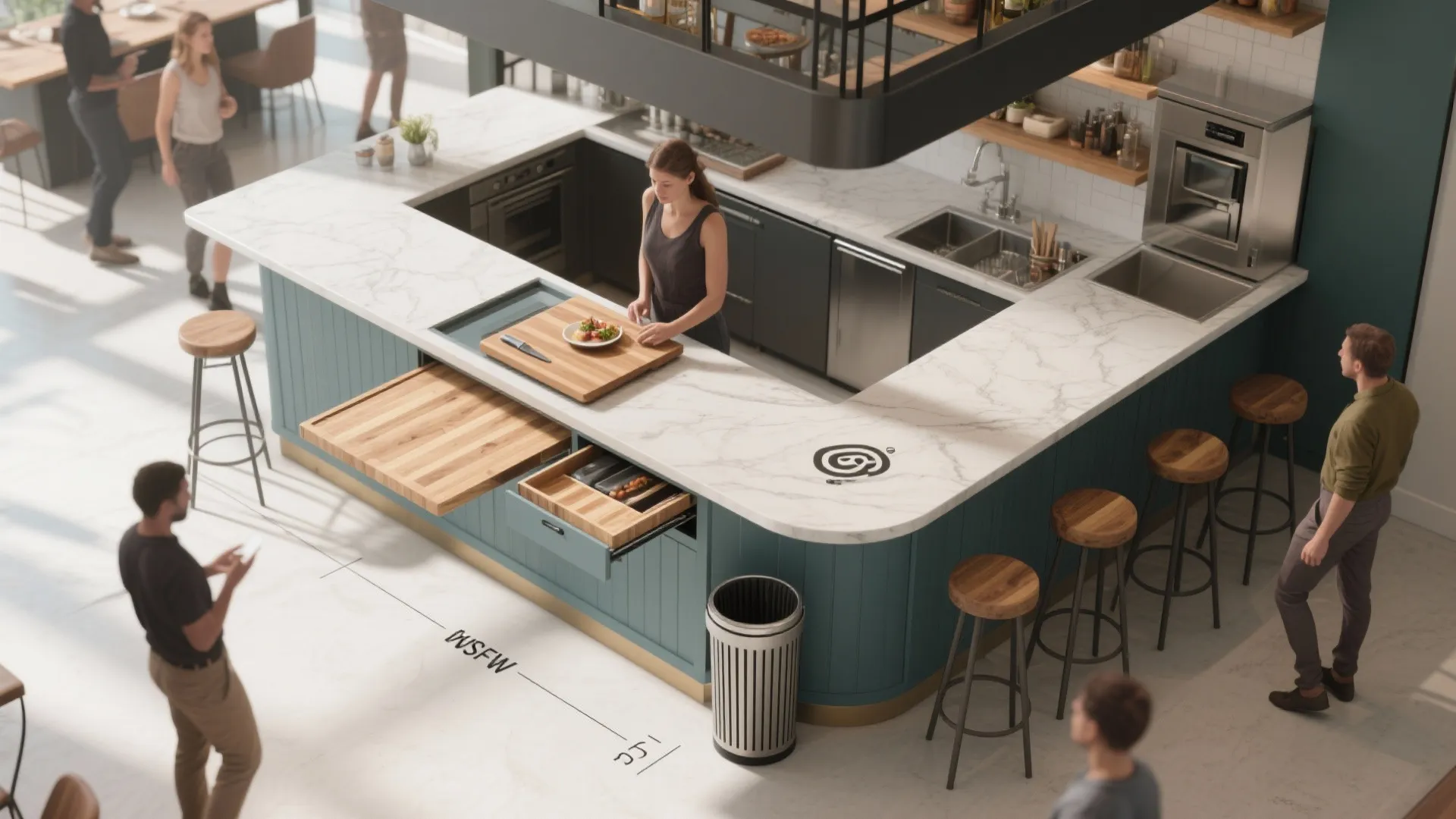 Modern blue kitchen island with marble top and wooden stools in a bright open room layout