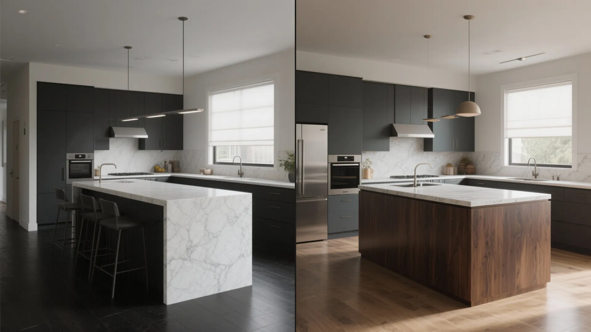Before and after comparison of marble kitchen island versus wood island in modern kitchen design