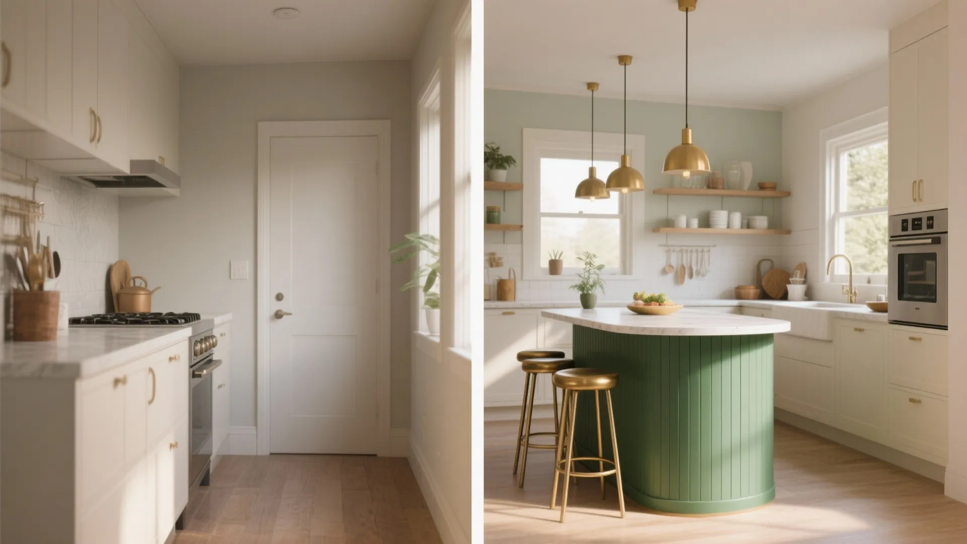 Before and after comparison of a simple white kitchen versus a renovated green island layout