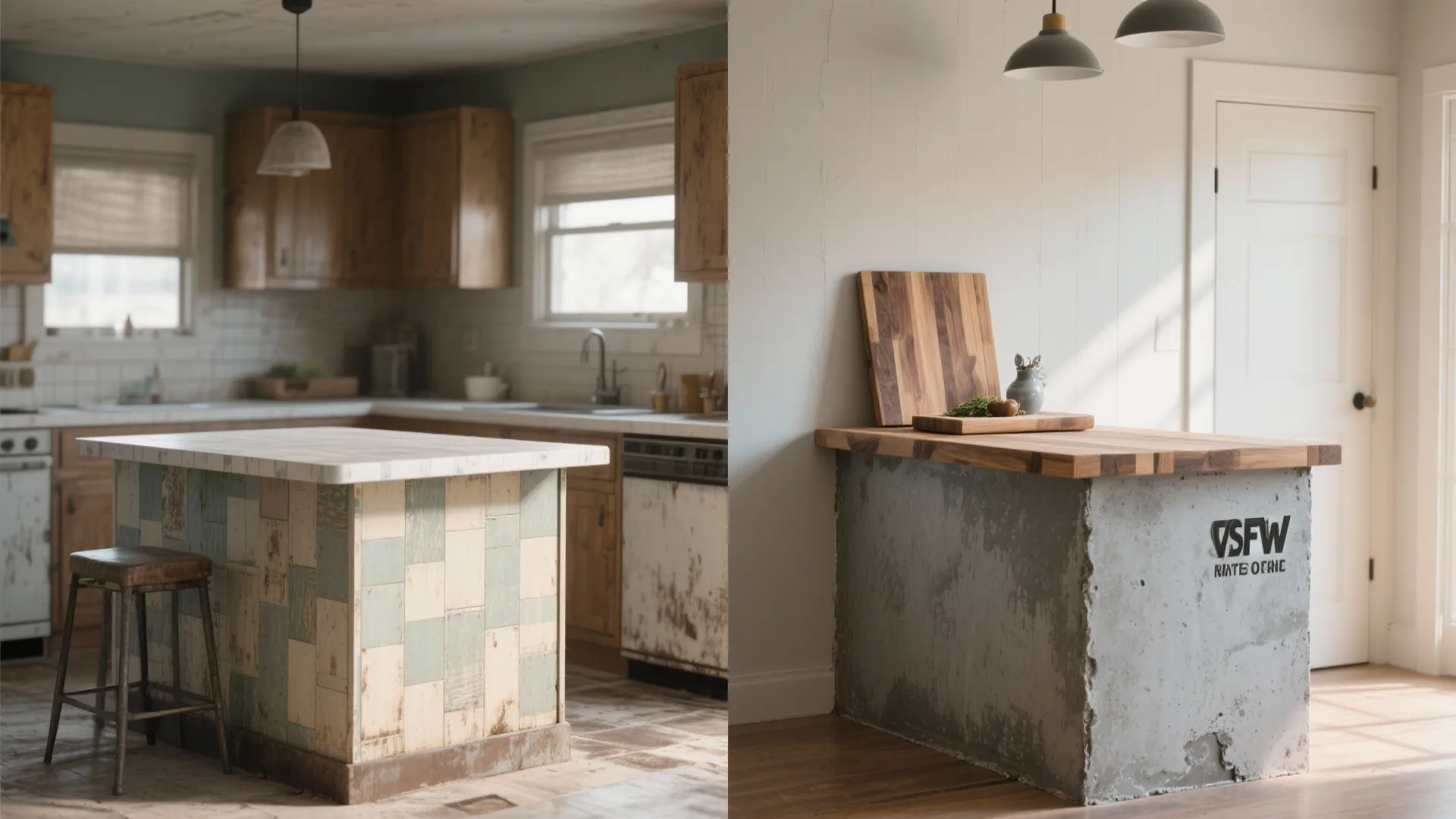 Before and after of a kitchen island showing worn laminate vs spray-painted faux concrete and a removable butcher block option