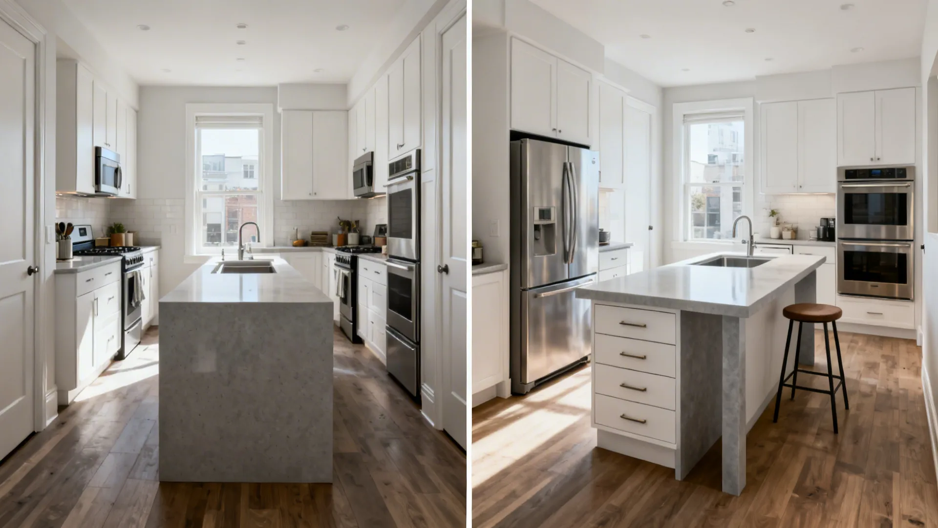 Before-and-after of a compact kitchen replacing an oversized island with a slimmer 60x30 inch design.