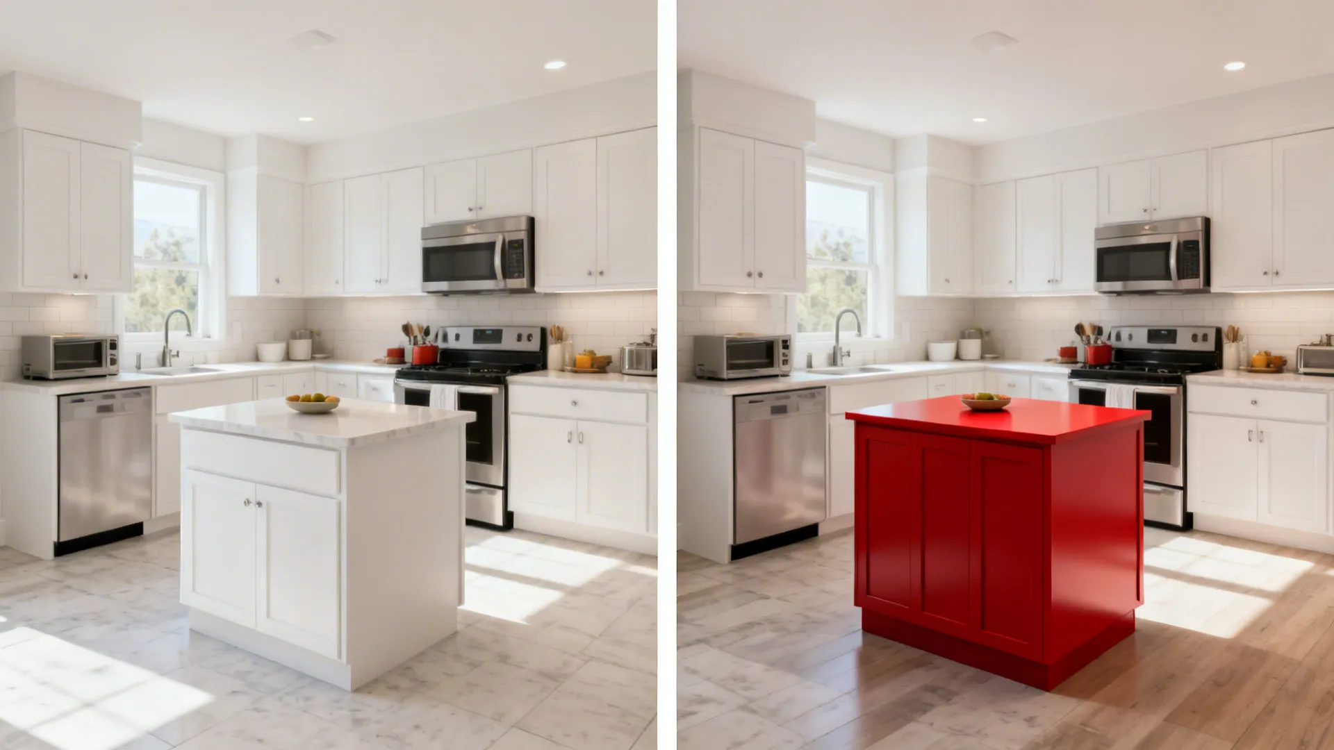 Before-and-after of a small white kitchen gaining a compact red island.