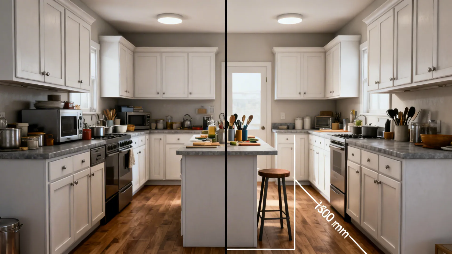 Split view comparing a cramped galley before and a zoned layout after adding a slim movable island.