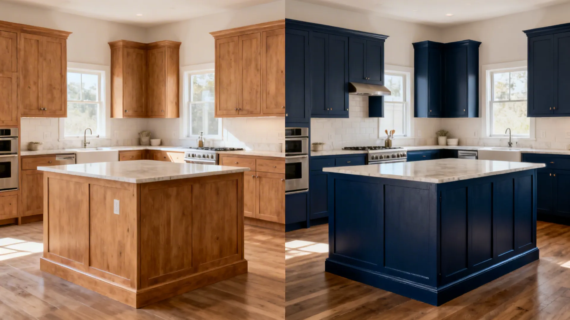 Before and after comparison of a kitchen island showing a wood finish versus dark blue