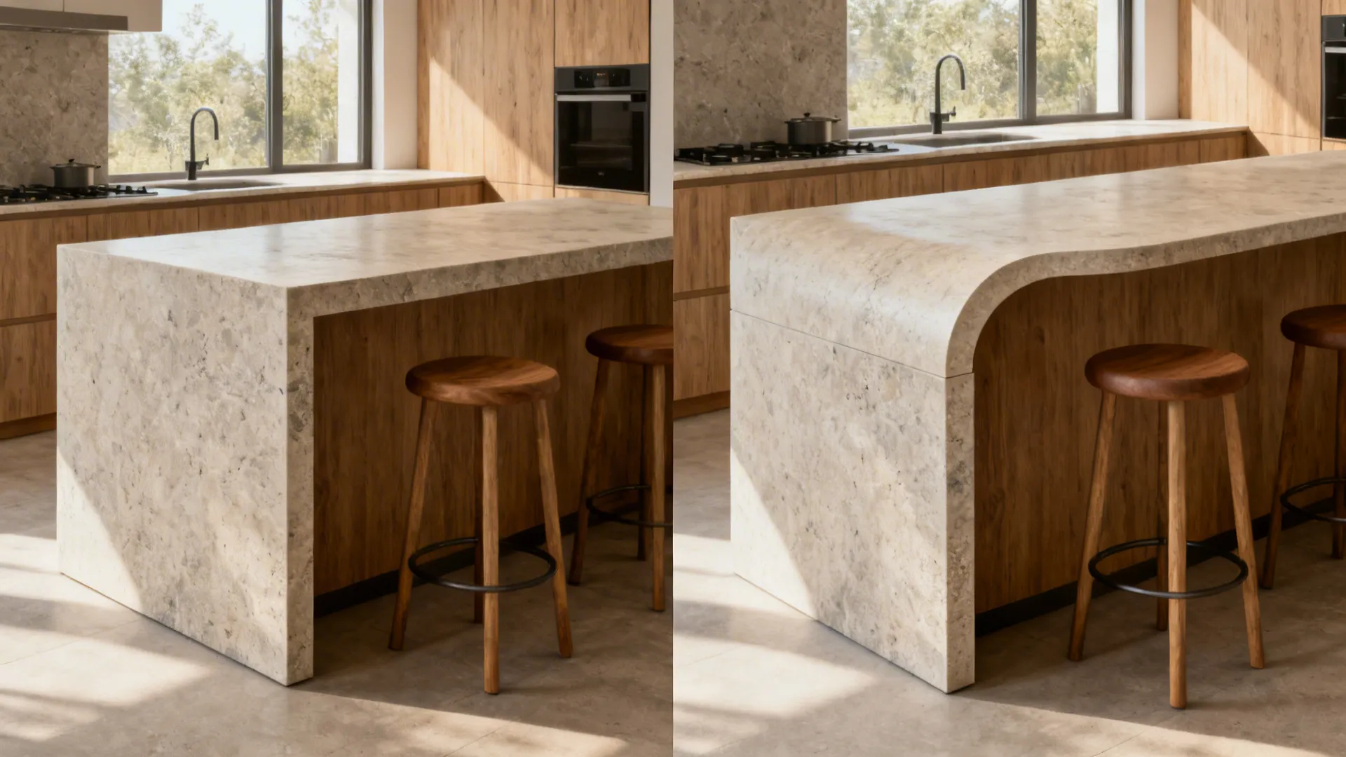 Split view comparing a square island to a curved overhang island that improves clearance and seating.