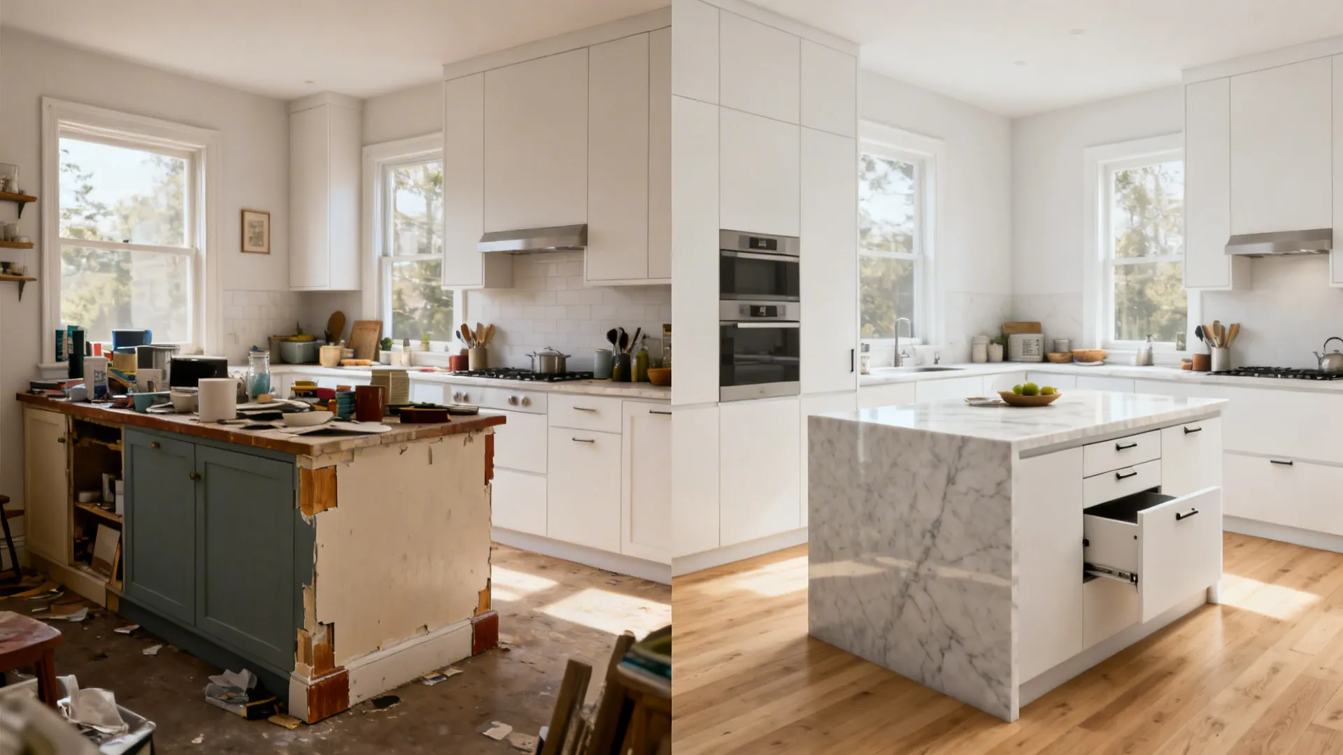 Before-and-after of a compact kitchen showing a cluttered island transformed into a sleek waterfall-edge design.