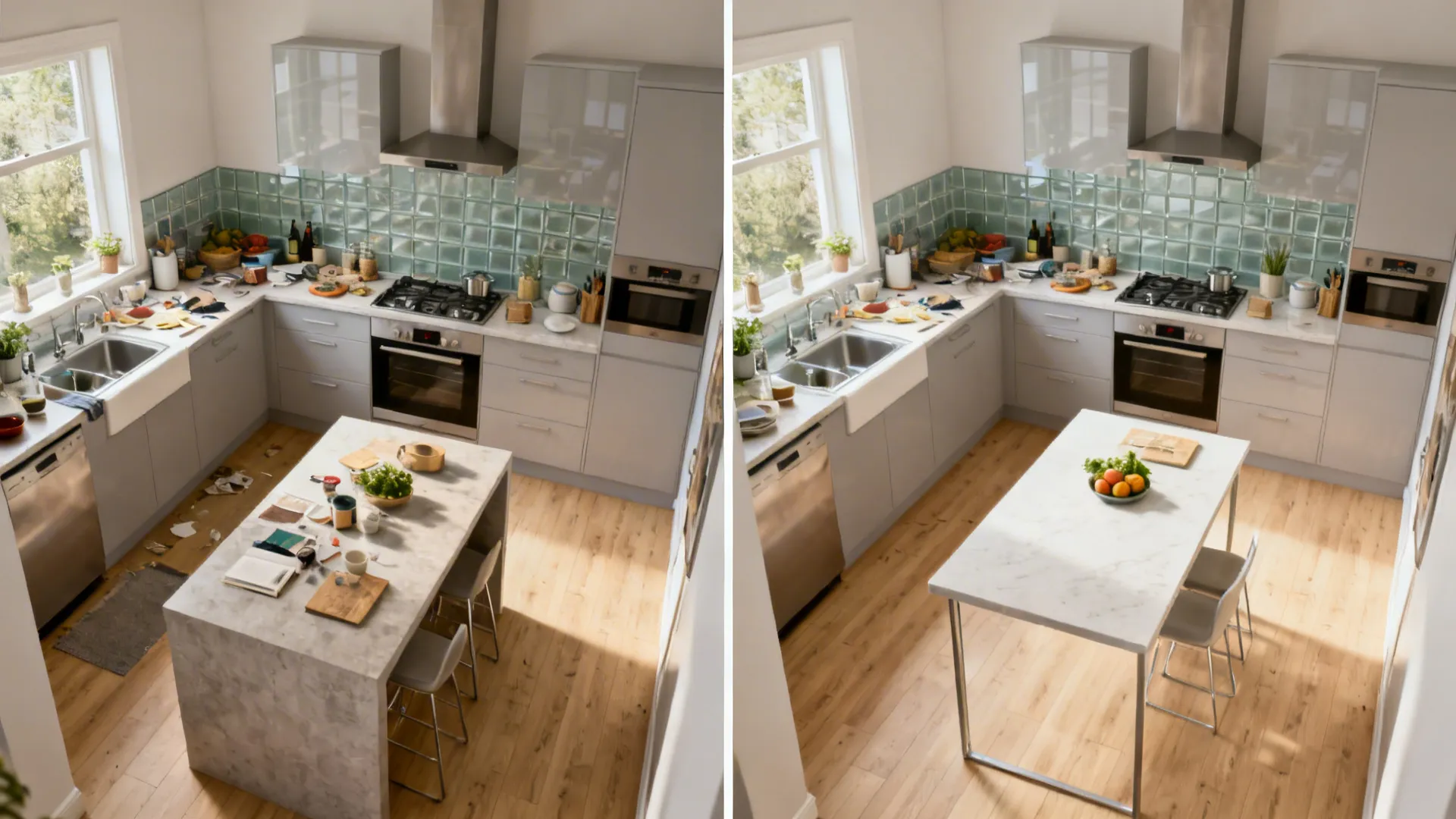 Top-view before-and-after showing bulky island replaced by a slim, clear-aisle layout.