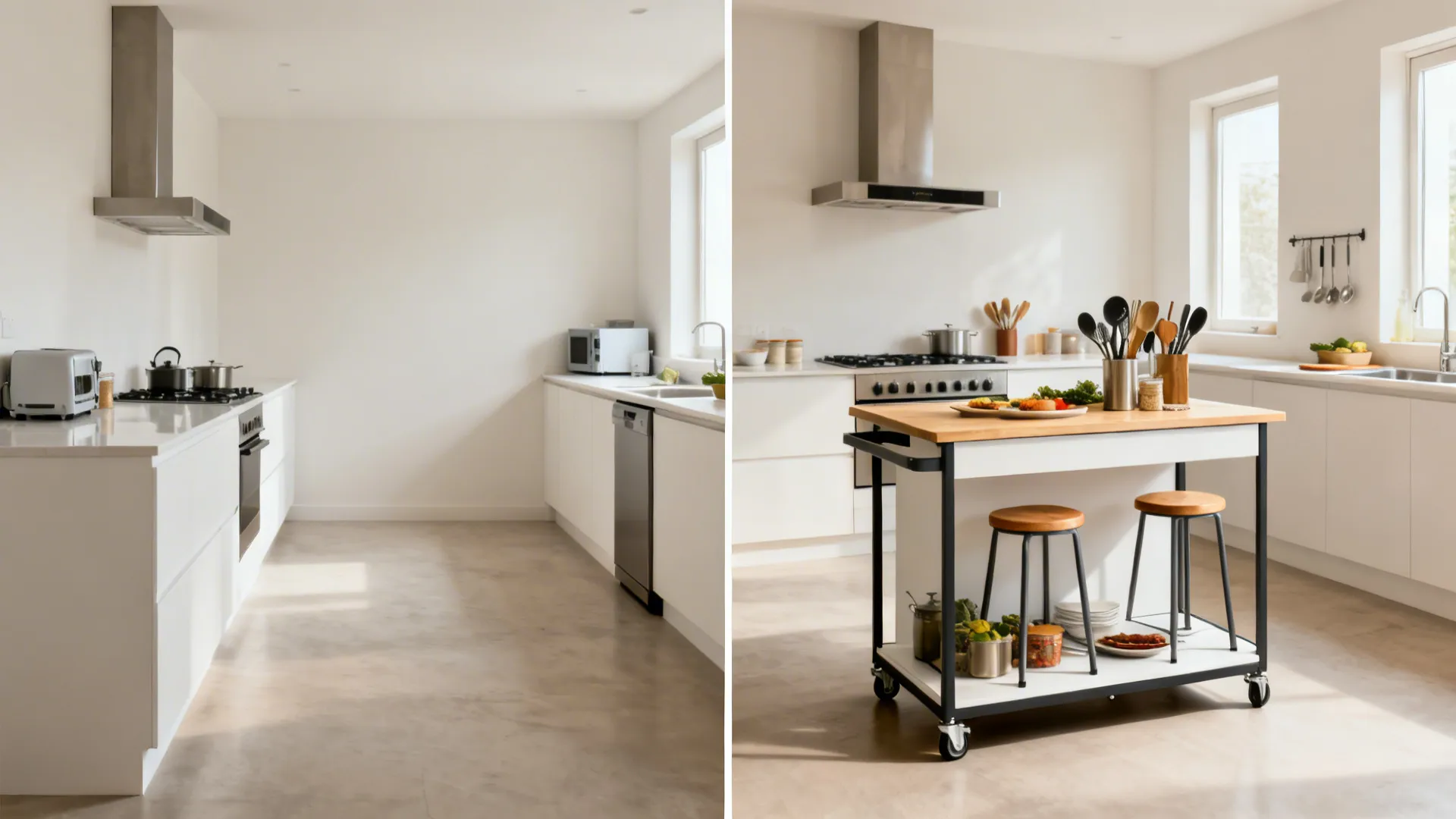 Before-and-after view showing how a mobile island cart adds dining and prep space in a studio kitchen.