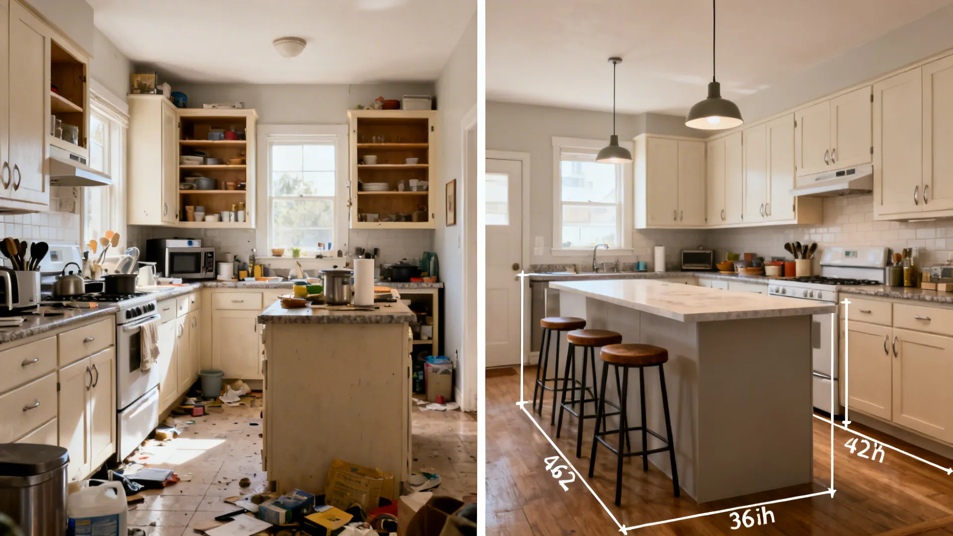 Before: tight kitchen without island; After: compact island adds zoning and clearances.