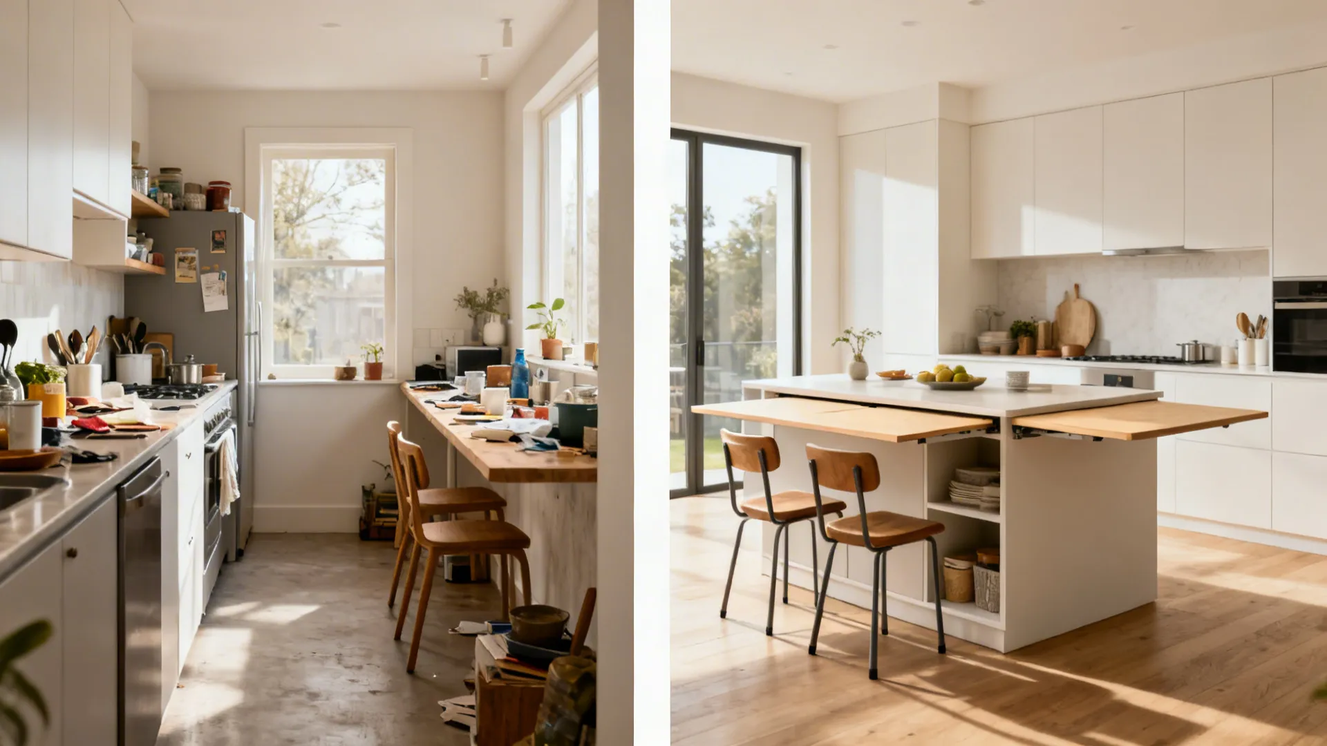 Multifunction islands and slide-away dining