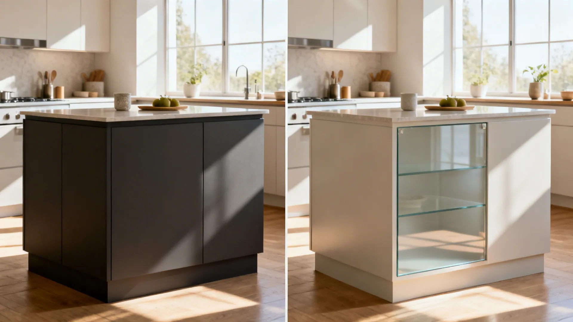Before-and-after of a small island showing added satin glass and semi-gloss finishes boosting light.