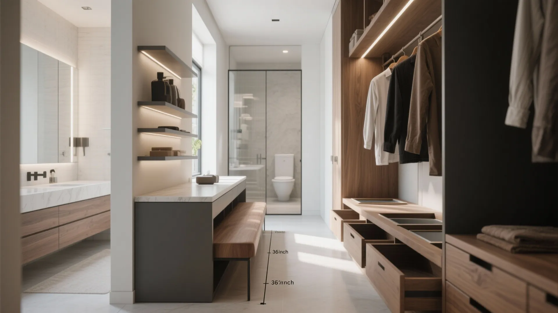 Narrow island bench between bathroom and closet used for staging outfits and extra storage with clear circulation paths.