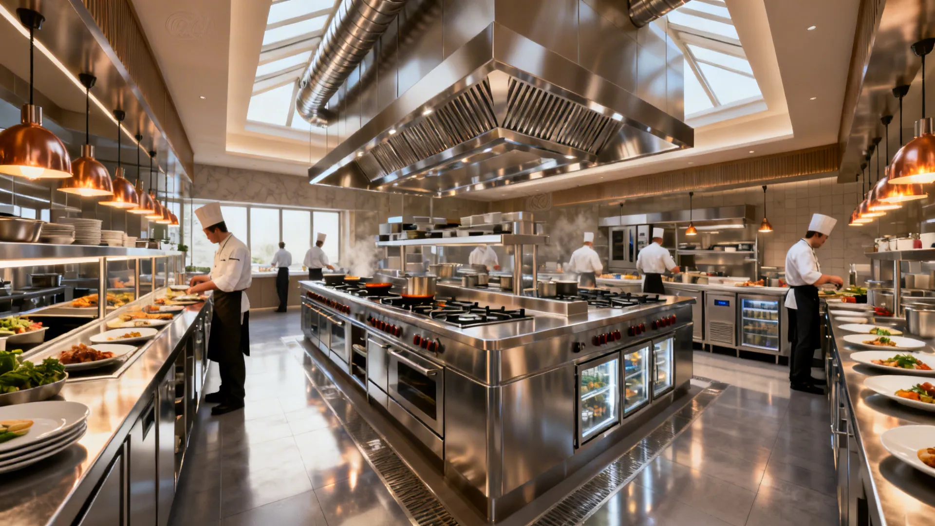 Busy commercial kitchen with chefs preparing food on stainless steel counters under warm hanging light