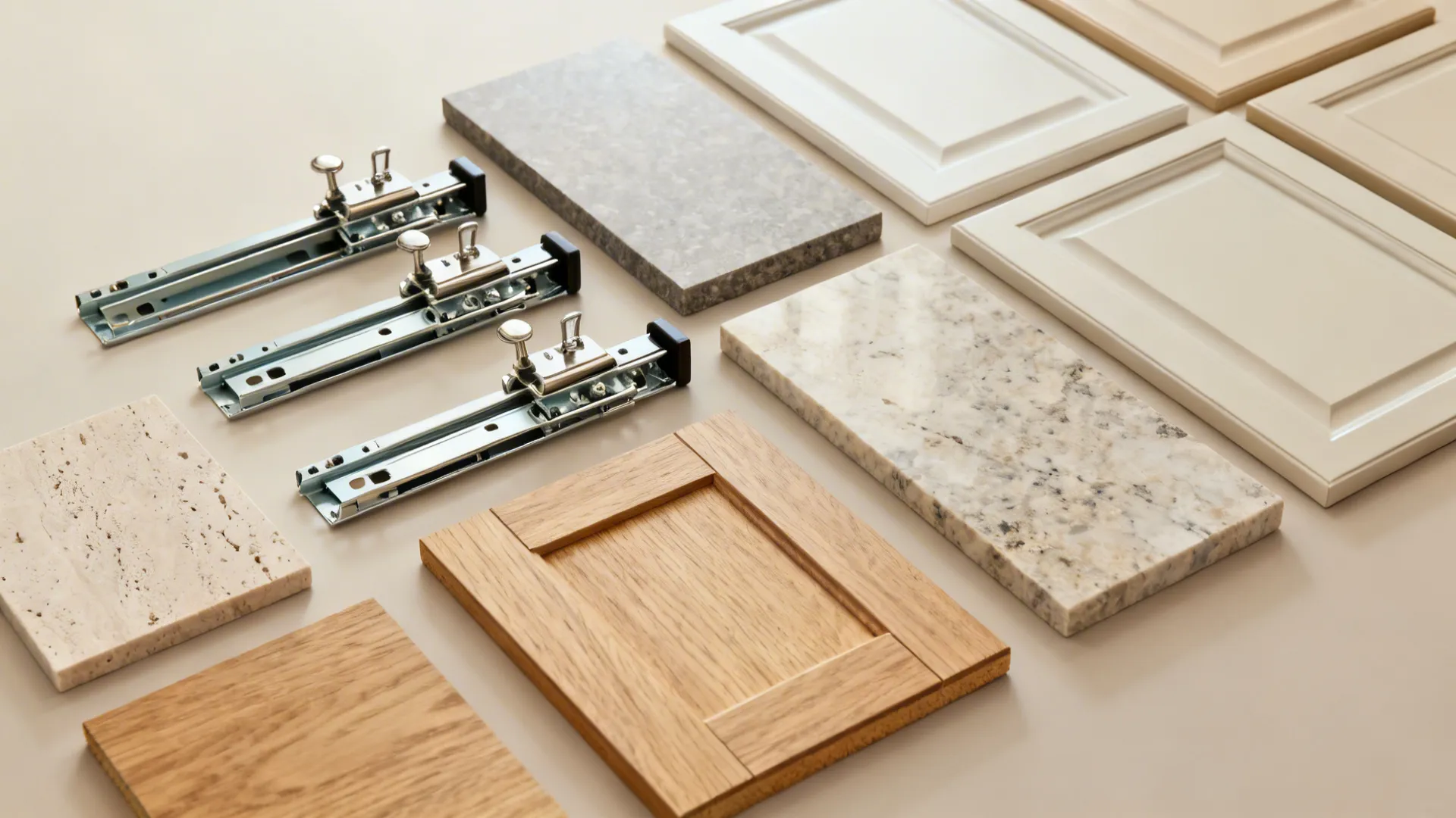 Budget flat lay with quality drawer slides, countertop samples, and ply-core cabinet parts.