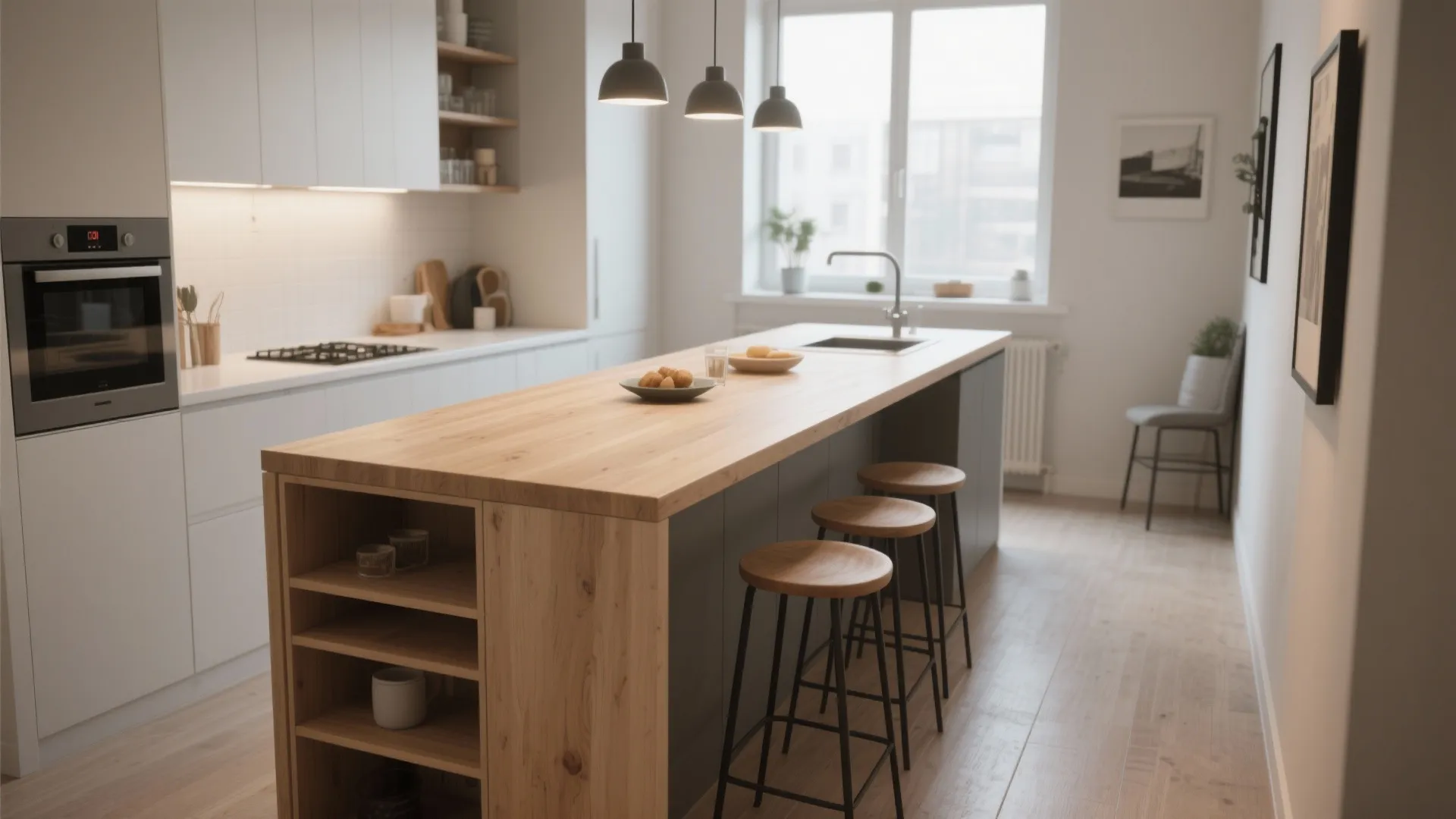 Modern kitchen with a large wooden island breakfast bar three stools and grey pendant ceiling lights