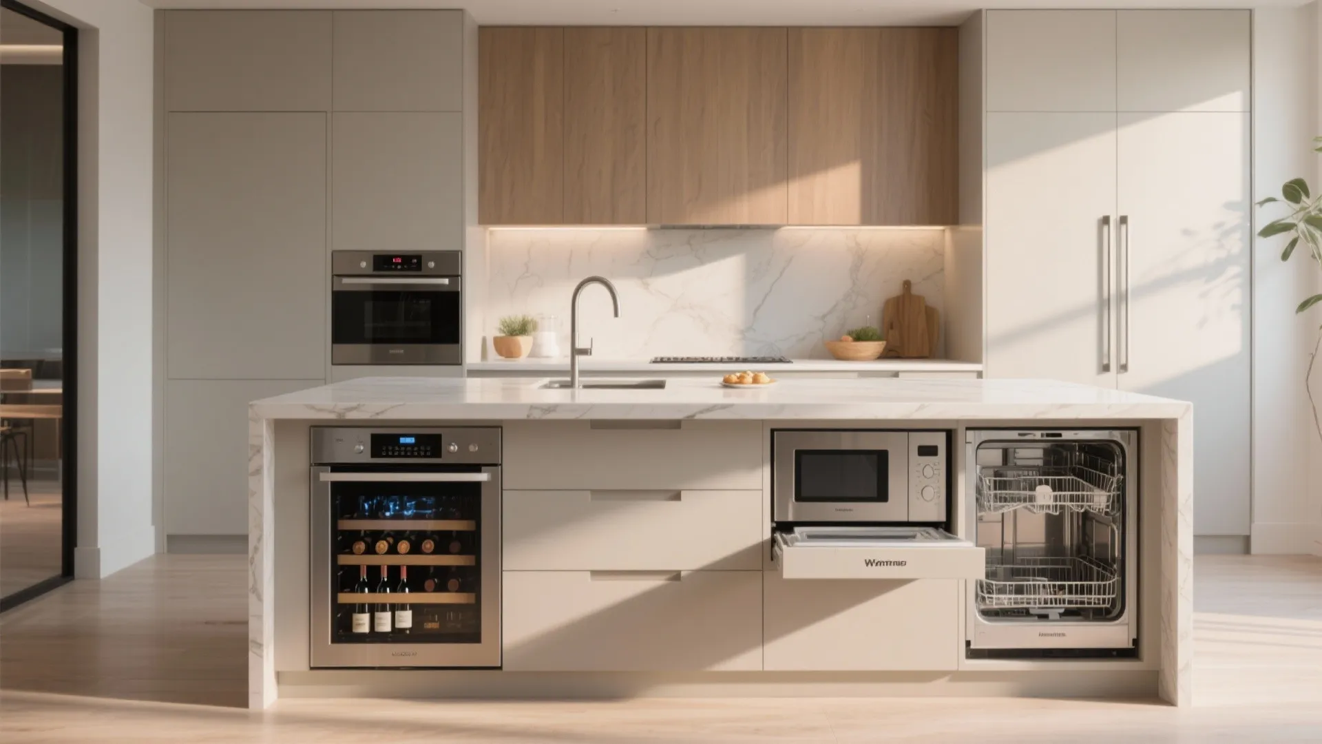 Kitchen island with built-in wine cooler microwave and dishwasher integrated into white marble storage cabinets