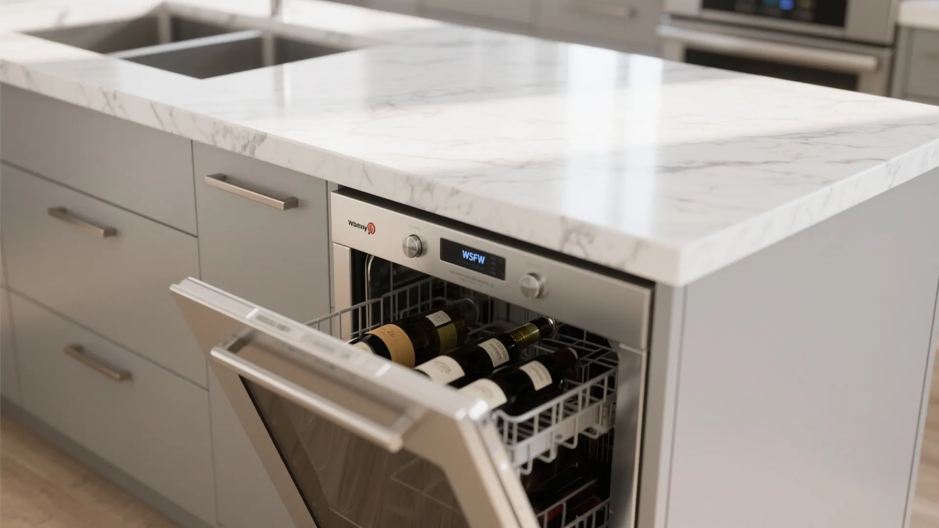 Marble countertop kitchen island with built-in wine cooler showing wine bottles inside an open door