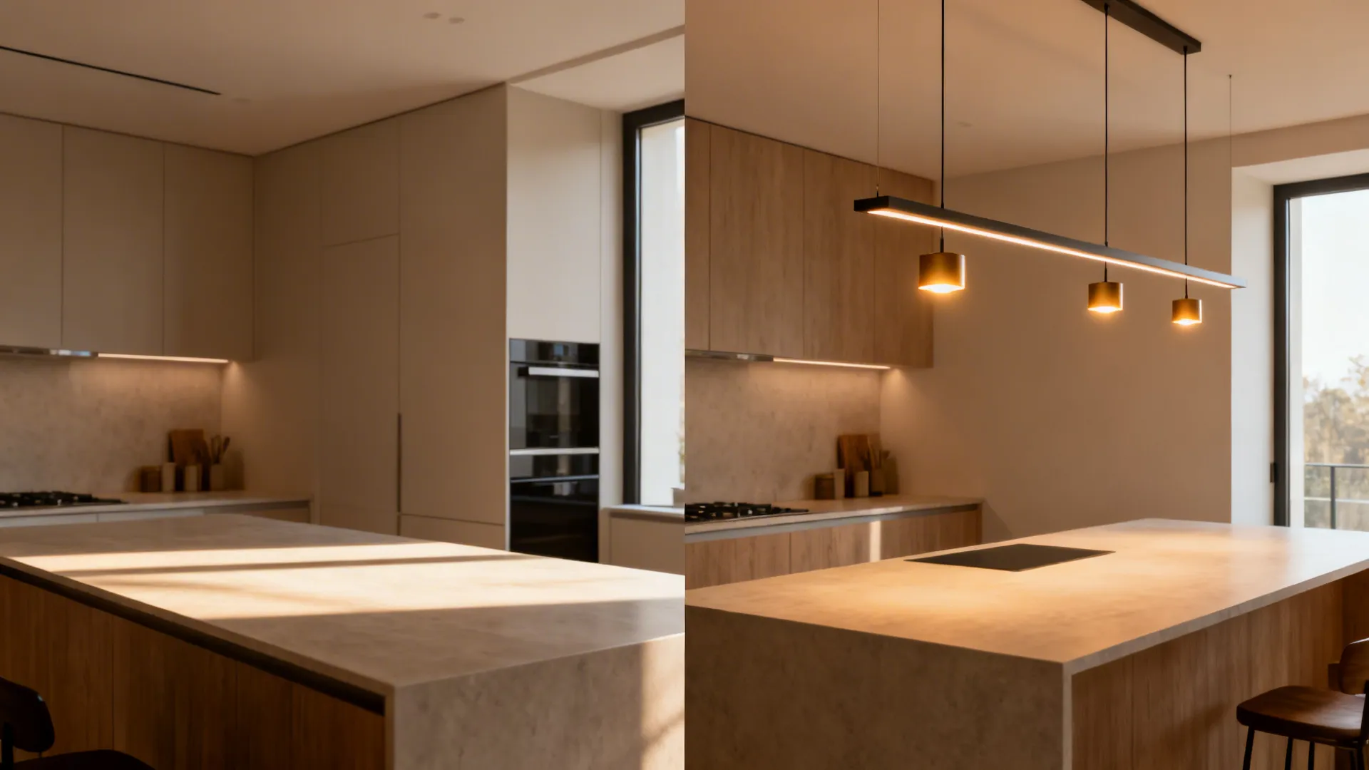 Before-and-after of kitchen island lighting showing scattered light versus a thin floating canopy with integrated pendant rail.