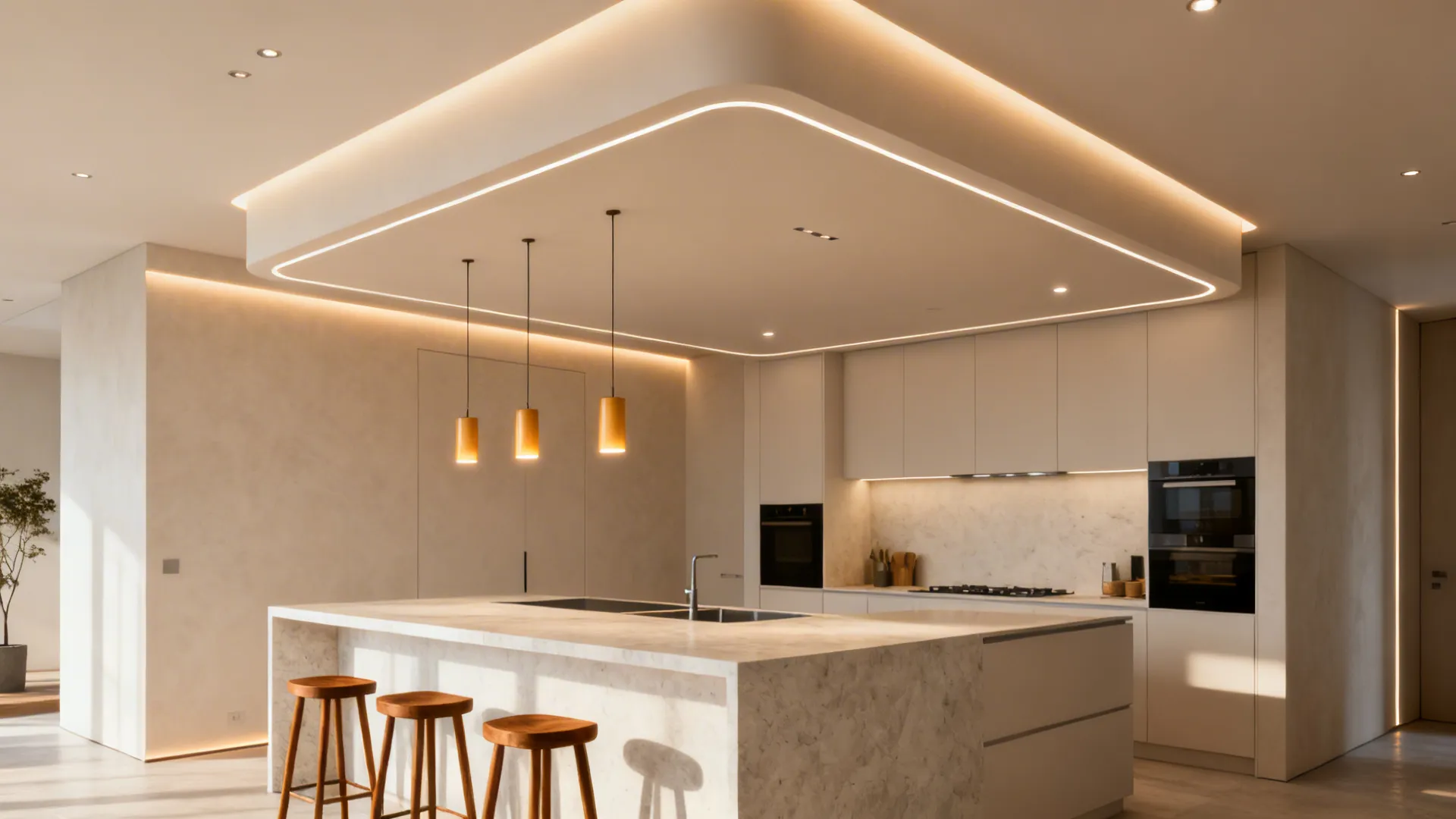 Kitchen island with slim pop canopy above, pendant slots, and layered lighting focused on the island.