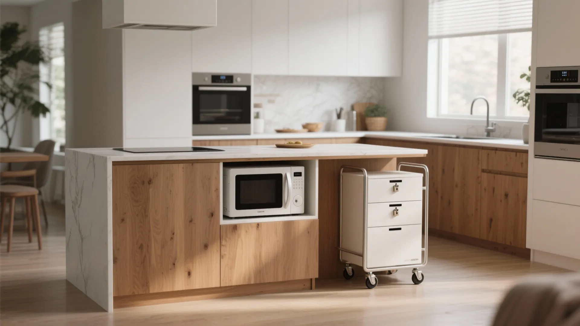 Slim island and rolling cart solutions with a microwave shelf and locked casters for flexible small-kitchen storage.